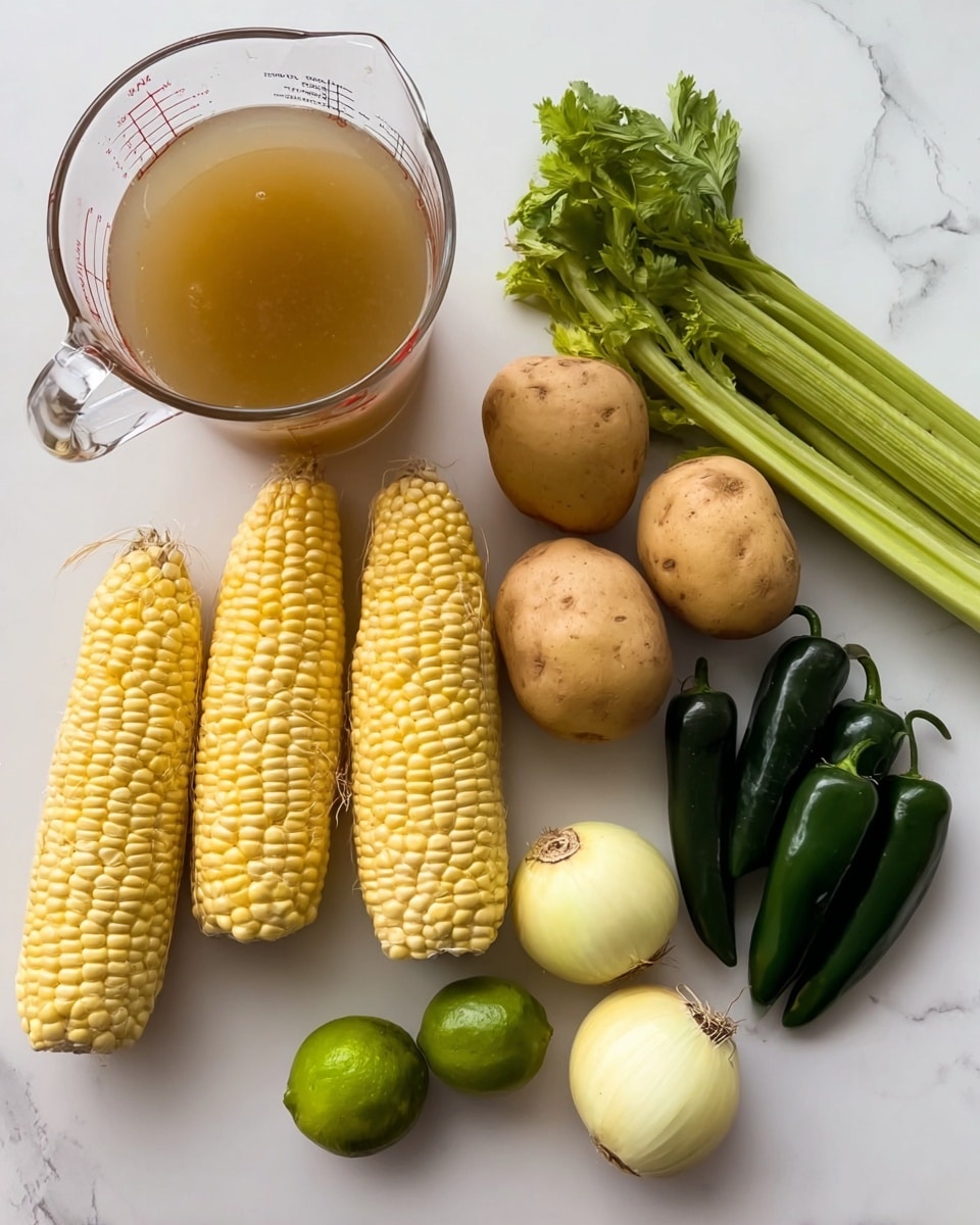 The image shows a white marbled surface with several cooking ingredients neatly arranged. There is a clear glass measuring cup filled with light brown broth positioned at the top left. Below it, four light yellow ears of corn are placed side by side. To the right of the corn, there is a green celery stalk with leafy tops. Next to the celery, there are two light brown potatoes. To the far right, a cluster of four dark green chili peppers is visible. At the bottom right, there are two yellow onions and a small green lime. The layout is clean and simple, giving a clear view of each item. Photo taken with an iphone --ar 4:5 --v 7