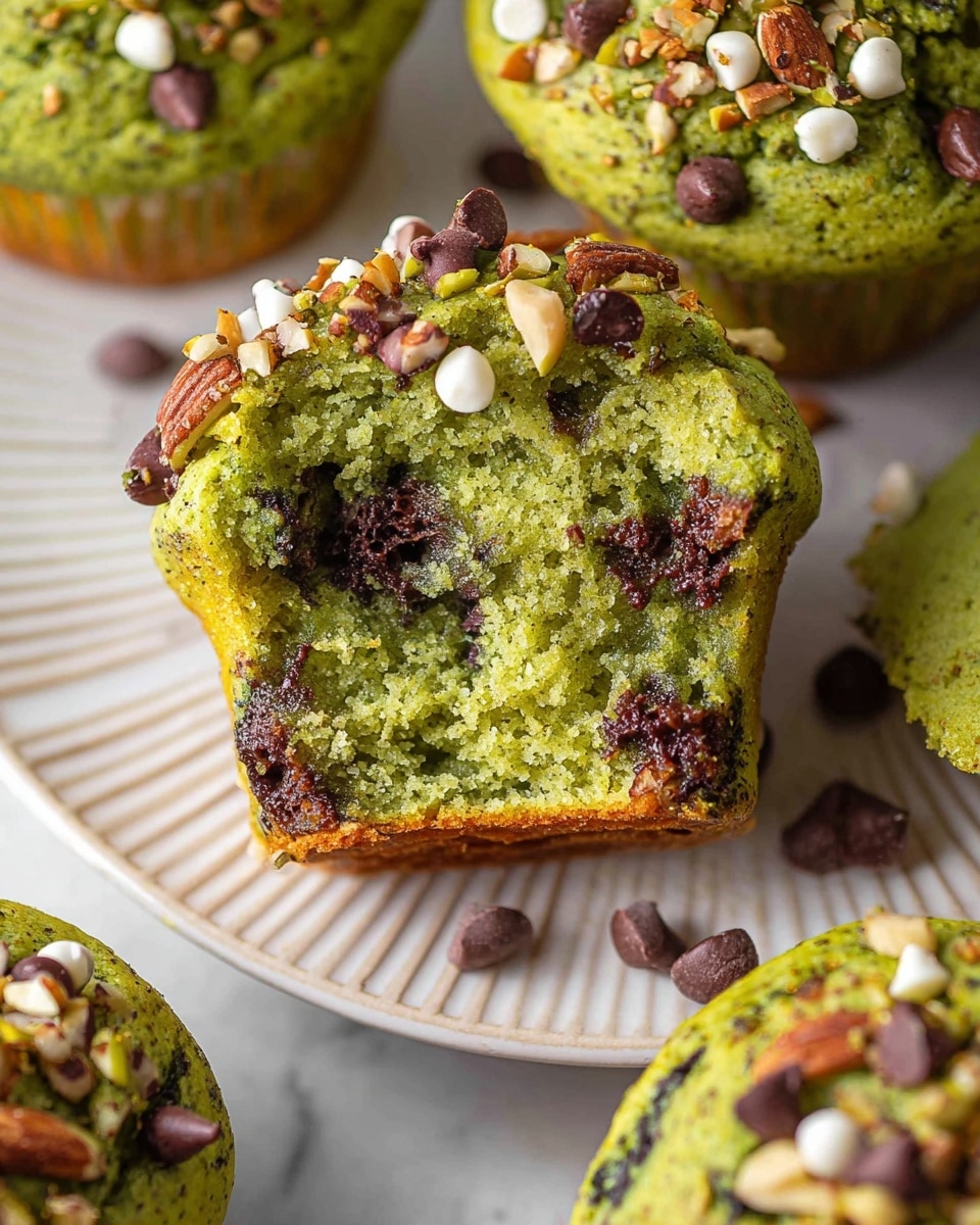 The image shows a close-up of a torn green muffin with a soft, moist texture inside, filled with small, dark chocolate chips scattered throughout. The muffin top is decorated with white and dark chocolate chips and small pieces of chopped nuts, adding a mix of brown and golden colors. The muffin sits on a white plate with a ridged edge, placed on a white marbled surface. Other whole green muffins with similar toppings appear around the torn one, creating a fresh and tasty look. Photo taken with an iphone --ar 4:5 --v 7
