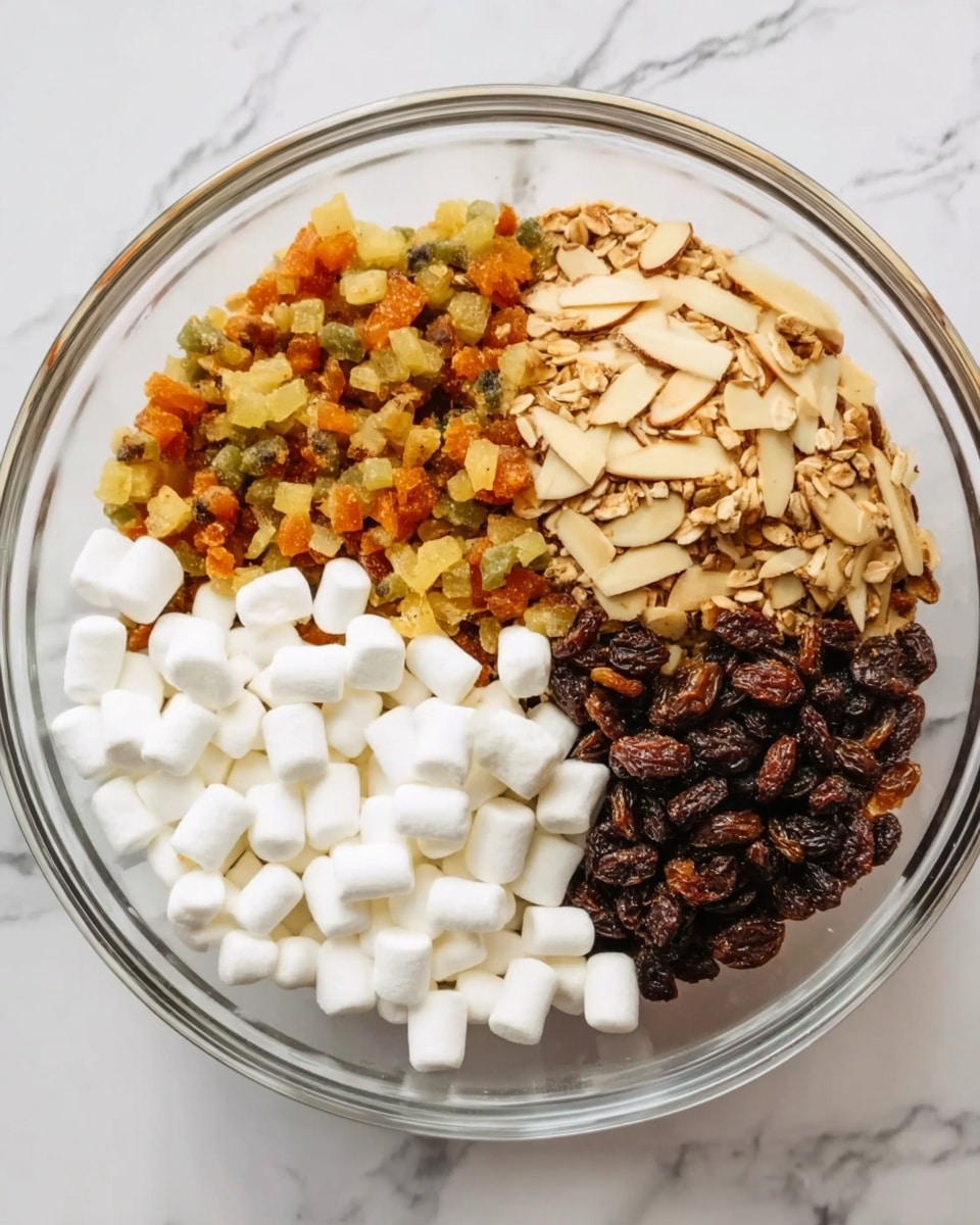 A clear glass bowl sits on a white marbled surface, filled with four distinct sections of ingredients. One section holds small white mini marshmallows with a soft, pillowy look. Another section contains dark brown, slightly wrinkled raisins that add a rich tone. Next to that is a pile of light beige almond slivers that are long and thin, adding a rough texture. The largest section consists of a mix of finely chopped fruits and nuts in warm orange, yellow, and green shades, creating a colorful and chunky layer. photo taken with an iphone --ar 4:5 --v 7