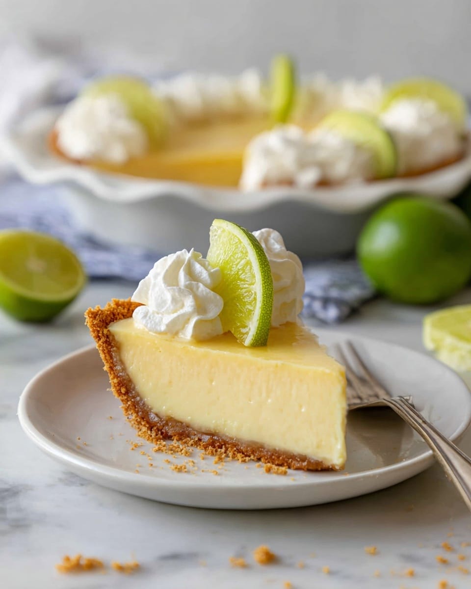 A slice of key lime pie sits on a white plate with a silver fork next to it, showing two layers: a thick, light yellow creamy filling on top and a thin, crumbly brown crust at the bottom. The pie slice is topped with a swirl of white whipped cream and a thin, green lime slice placed vertically on the whipped cream. In the background, there is a white pie dish with several more slices visible, each decorated with whipped cream and lime slices. The setting is on a white marbled surface with a few crumbs scattered and some whole green limes blurred in the background. photo taken with an iphone --ar 4:5 --v 7
