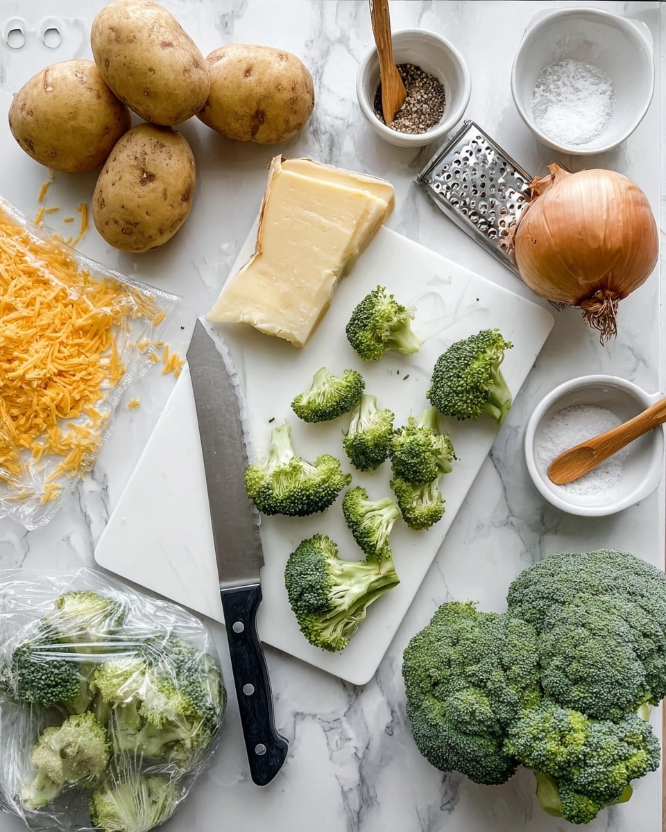 The image shows a white cutting board on a white marbled surface, with several broccoli florets scattered on it. Around the cutting board are whole potatoes and a whole onion at the top left, some grated orange cheese to the left, a block grater partially visible below the cheese, and three broccoli heads in a plastic bag at the bottom. A large knife with a black handle rests on the cutting board near the broccoli. To the right of the cutting board, there are two small white bowls containing salt and pepper with wooden spoons. The overall scene is bright and organized, showing fresh vegetables and ingredients ready for cooking. photo taken with an iphone --ar 4:5 --v 7