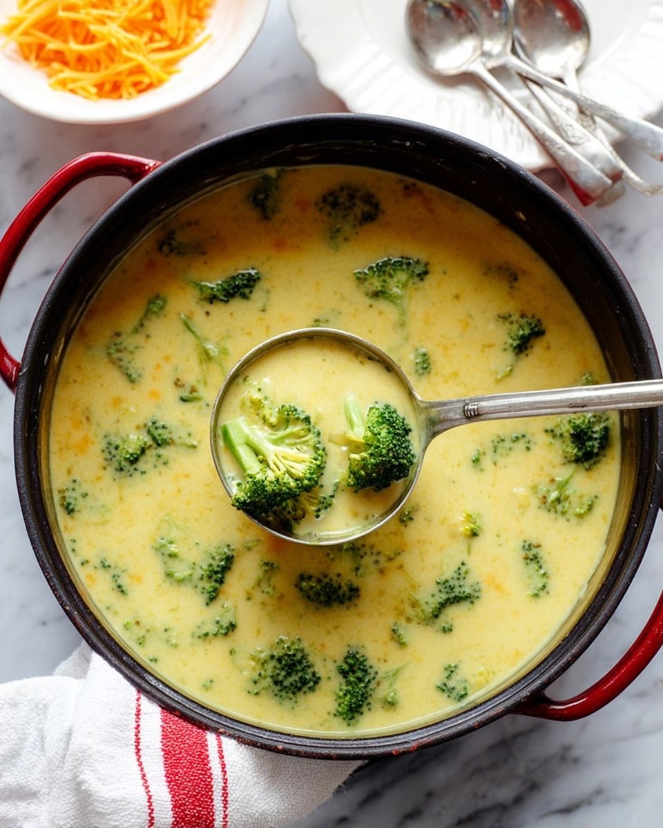 A close-up view of a black pot filled with creamy yellow soup featuring green broccoli florets spread evenly throughout. A silver ladle inside the pot holds a spoonful of the soup with broccoli clearly visible. The pot has red handles, and a white cloth with red stripes is partially wrapped around the handle on the bottom left. The background is a white marbled surface with a white plate holding two silver spoons and an orange shredded ingredient in a white bowl nearby. Photo taken with an iphone --ar 4:5 --v 7