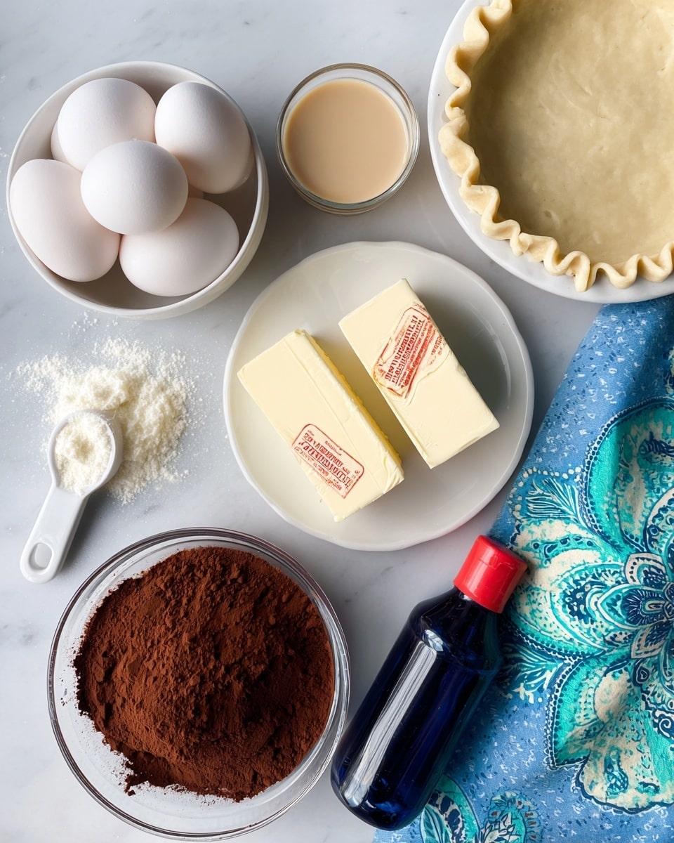 The image shows a white marbled surface with several baking ingredients arranged neatly. There is a white bowl with four white eggs at the top left, and to its right, a pie crust with fluted edges. Below the eggs is a glass filled with a beige liquid. To the left center, a white scoop holds a small pile of white granulated sugar with some spilled around it. In the center, a small white plate holds two blocks of butter with red and gold labels. Below the plate is a clear glass bowl filled with rich brown cocoa powder. To the right, a dark blue bottle with a red cap stands next to a folded blue cloth with green and white paisley patterns. photo taken with an iphone --ar 4:5 --v 7
