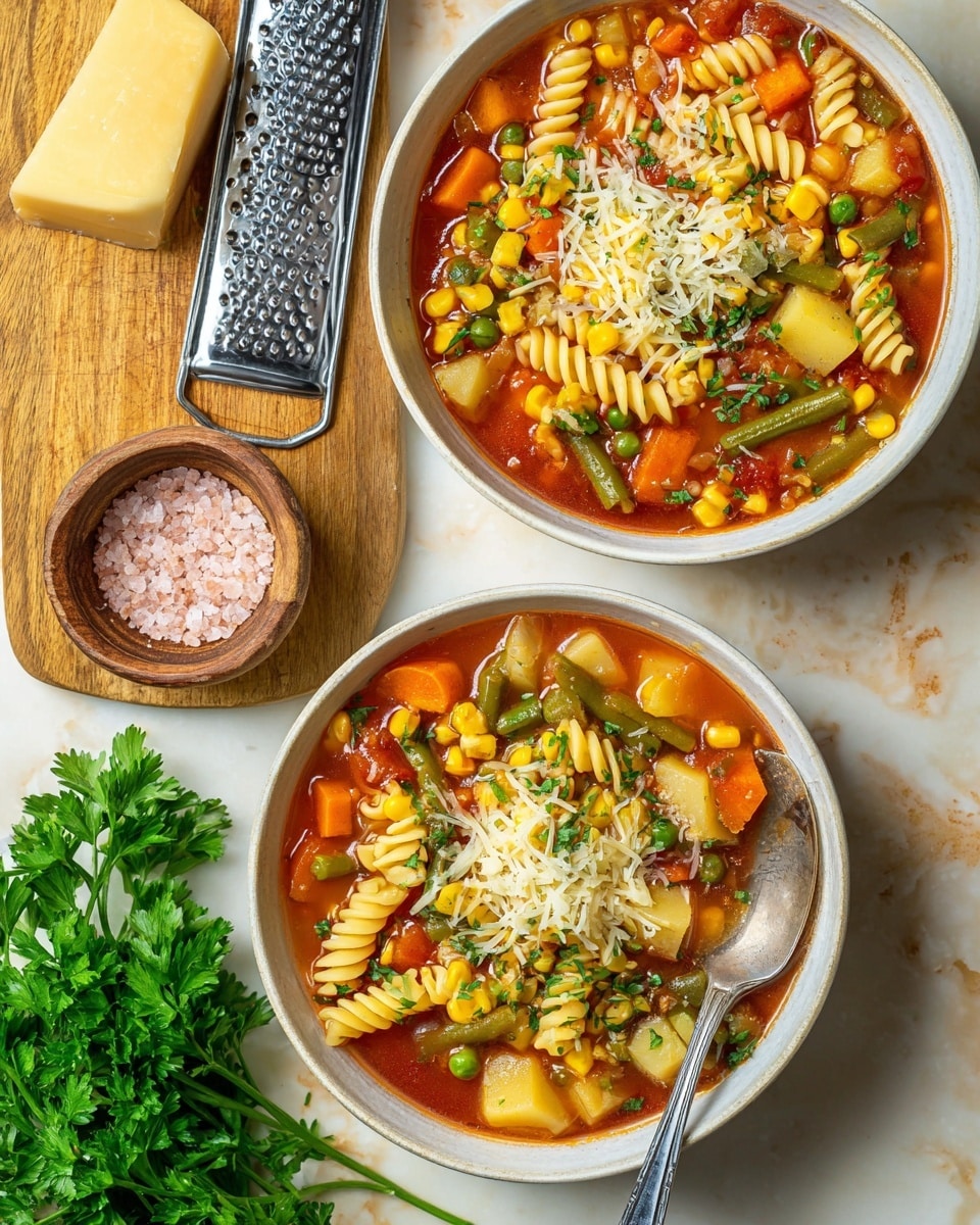 Two white bowls on a white marbled surface hold a colorful vegetable pasta soup with spiral rotini noodles, bright orange carrot strips, yellow corn kernels, green peas, green beans, and chunks of potato in a rich red broth. Both soups are topped with shredded white cheese and chopped green parsley. One bowl has a silver spoon inside, and next to the bowls is a wooden cutting board with a block of pale yellow cheese and a grater. A small wooden bowl filled with pink salt is nearby, along with a bunch of fresh green parsley. The photo taken with an iphone --ar 4:5 --v 7