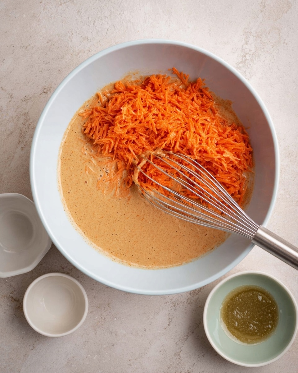 A white bowl with two layers, the bottom layer is a light brown, smooth liquid batter covering half the bowl, while the top layer is bright orange shredded carrots placed on one side. A silver whisk rests inside the bowl partly in the batter and partly in the carrots. Three small white dishes are placed around the bowl on a white marbled surface. photo taken with an iphone --ar 4:5 --v 7