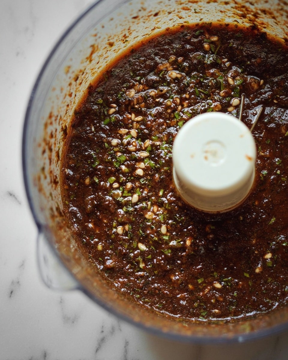 The image shows a close-up of a food processor filled with a dark brown, thick sauce mixed with small bits of green herbs and lighter seeds or nuts, creating a textured and slightly chunky surface. The sauce covers the base and sides of the clear food processor bowl, with bits of sauce splattered on the upper inside edges. The plastic center post of the processor is visible, showing some sauce residue. The processor is placed on a white marbled surface. Photo taken with an iphone --ar 4:5 --v 7