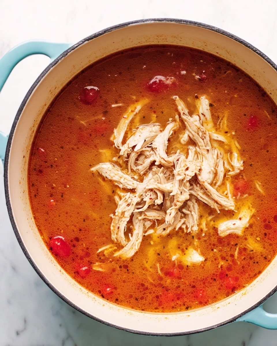 A white pot filled with a rich red-orange soup, with visible small pieces of tomatoes and spices mixed in the broth. On top, there is a generous layer of shredded pale chicken, creating a light beige contrast against the red soup. The pot sits on a white marbled surface, and the pot has a light blue handle peeking from the side. The soup looks warm and hearty with a smooth liquid texture surrounding the shredded chicken in the center photo taken with an iphone --ar 4:5 --v 7
