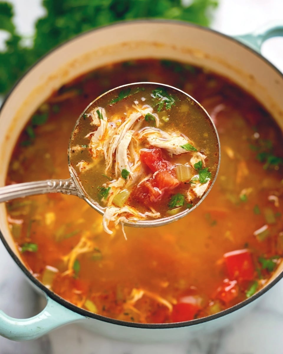 The image shows a white bowl filled with a reddish-brown soup that has visible bits of shredded chicken and cheese inside. On the left side of the bowl, three slices of fresh green avocado are placed on top of the soup. On the right side, there is a dollop of white sour cream sprinkled with chopped green herbs. Three lime slices are positioned near the top edge inside the bowl, and two golden triangular tortilla chips lean against the right inner side of the bowl. The bowl is set on a white marbled surface with a small green parsley leaf in the background. photo taken with an iphone --ar 4:5 --v 7