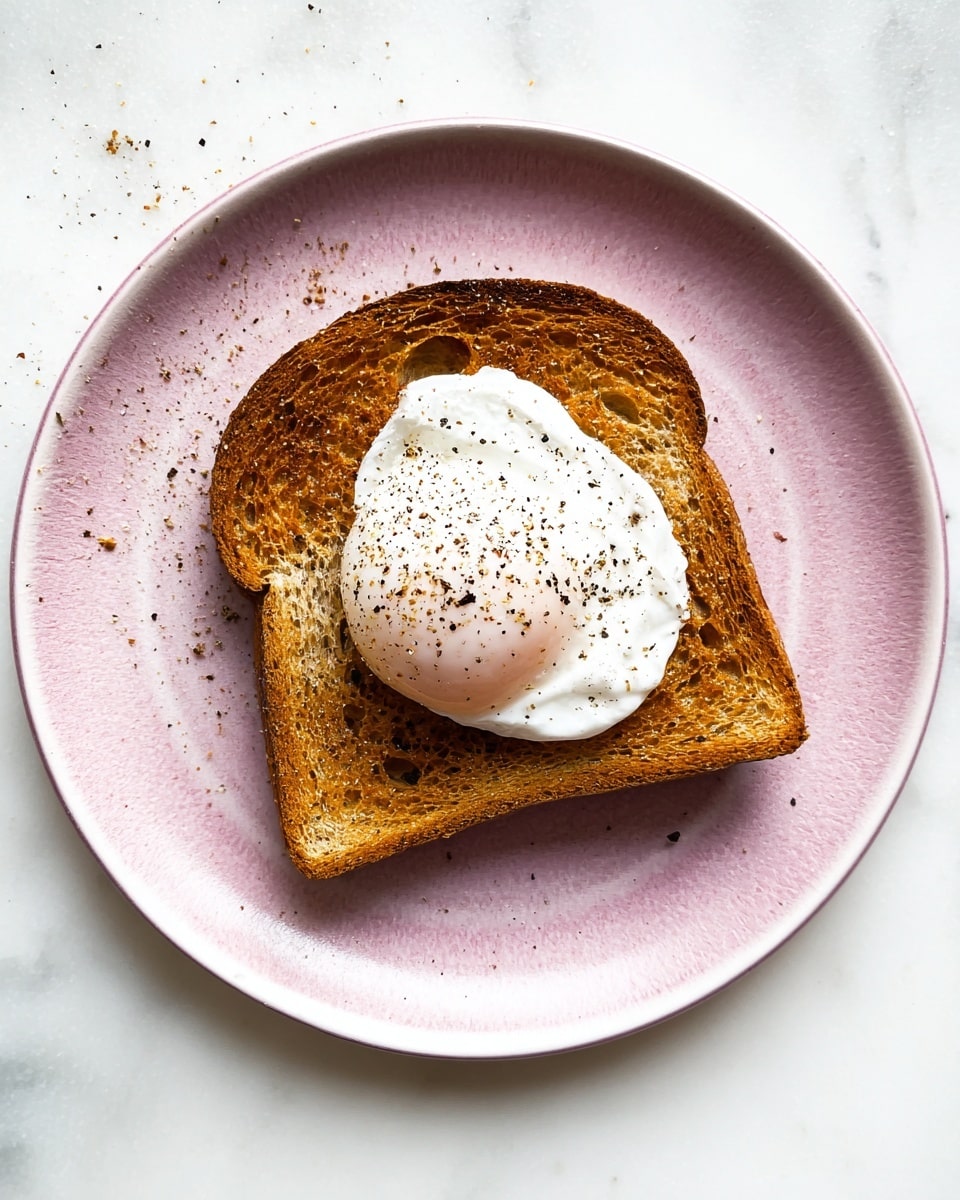 A single slice of toasted bread with a golden brown surface sits in the center of a white plate, topped with a smooth, white poached egg sprinkled with black pepper. The toast has a slightly rough texture with darker edges, and the black pepper is scattered gently on both the egg and the toast. The plate rests on a white marbled surface, and a few small pepper grains are scattered around the toast on the plate. photo taken with an iphone --ar 4:5 --v 7