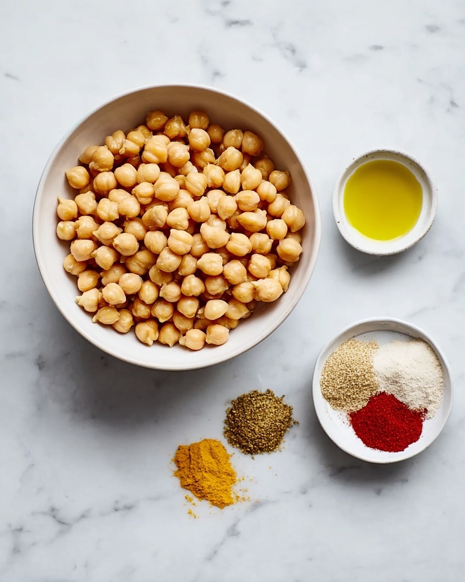 A white bowl filled with light beige chickpeas sits on a white marbled surface, next to a small white bowl with yellow olive oil and another small white bowl with three piles of spices: yellow, white, and red powders. photo taken with an iphone --ar 4:5 --v 7