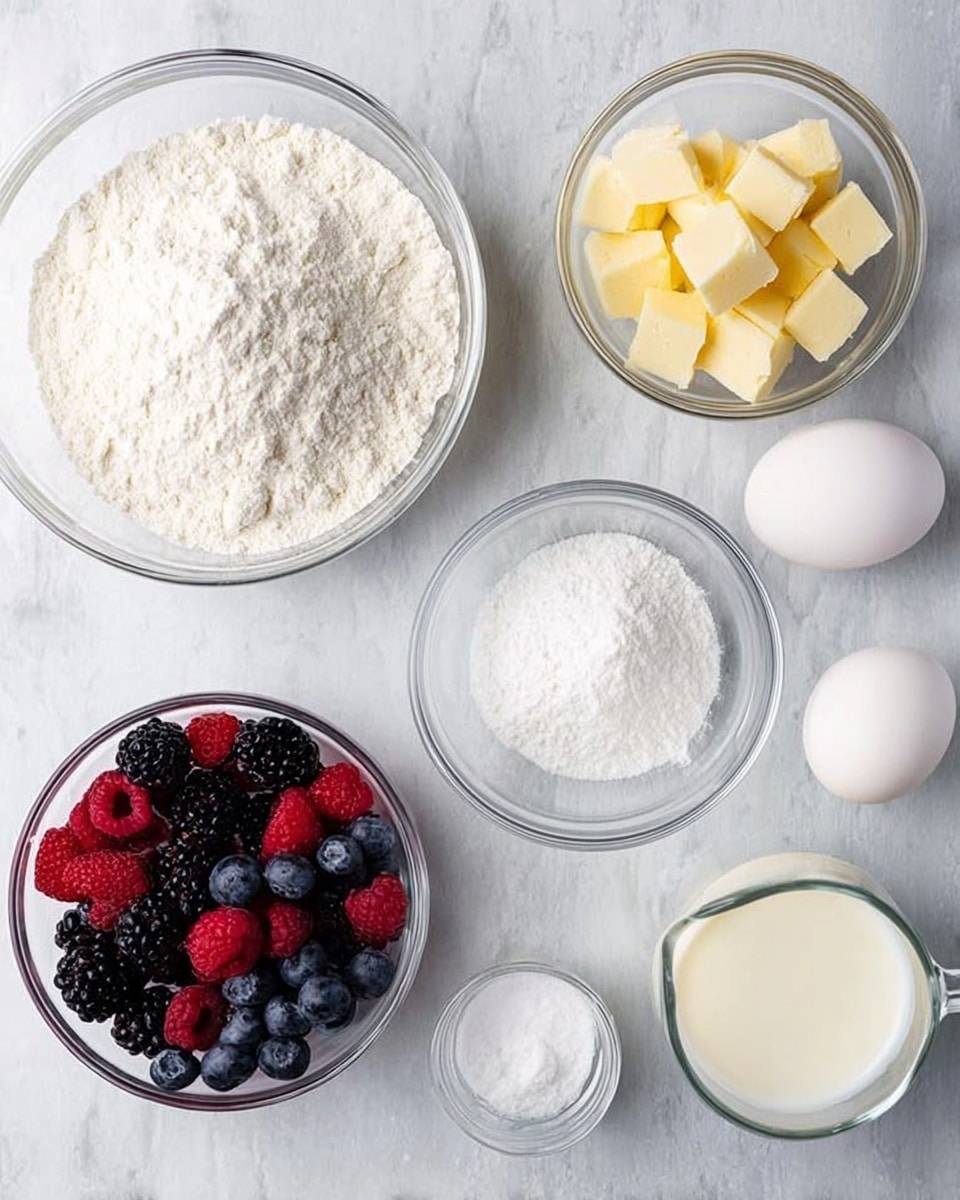 The image shows seven clear glass bowls arranged on a white marbled surface. The top left bowl is the largest, filled with white flour, with a fine powder texture. To its right is a medium bowl of small yellow butter cubes with a smooth surface. Below the butter is a small bowl of white powdered sugar with a soft, powdery texture. At the bottom right is a small bowl holding one white egg, smooth and shiny. The bottom left features a medium bowl filled with mixed fresh berries—dark purple blackberries, bright red raspberries, and deep blue blueberries—all with a shiny fresh look. Next to the berries, towards the center bottom, is a small glass pitcher with white cream inside, showing a smooth liquid texture. The overall image is well lit, clean, and simple, showing the ingredients separately and clearly for baking. Photo taken with an iphone --ar 4:5 --v 7