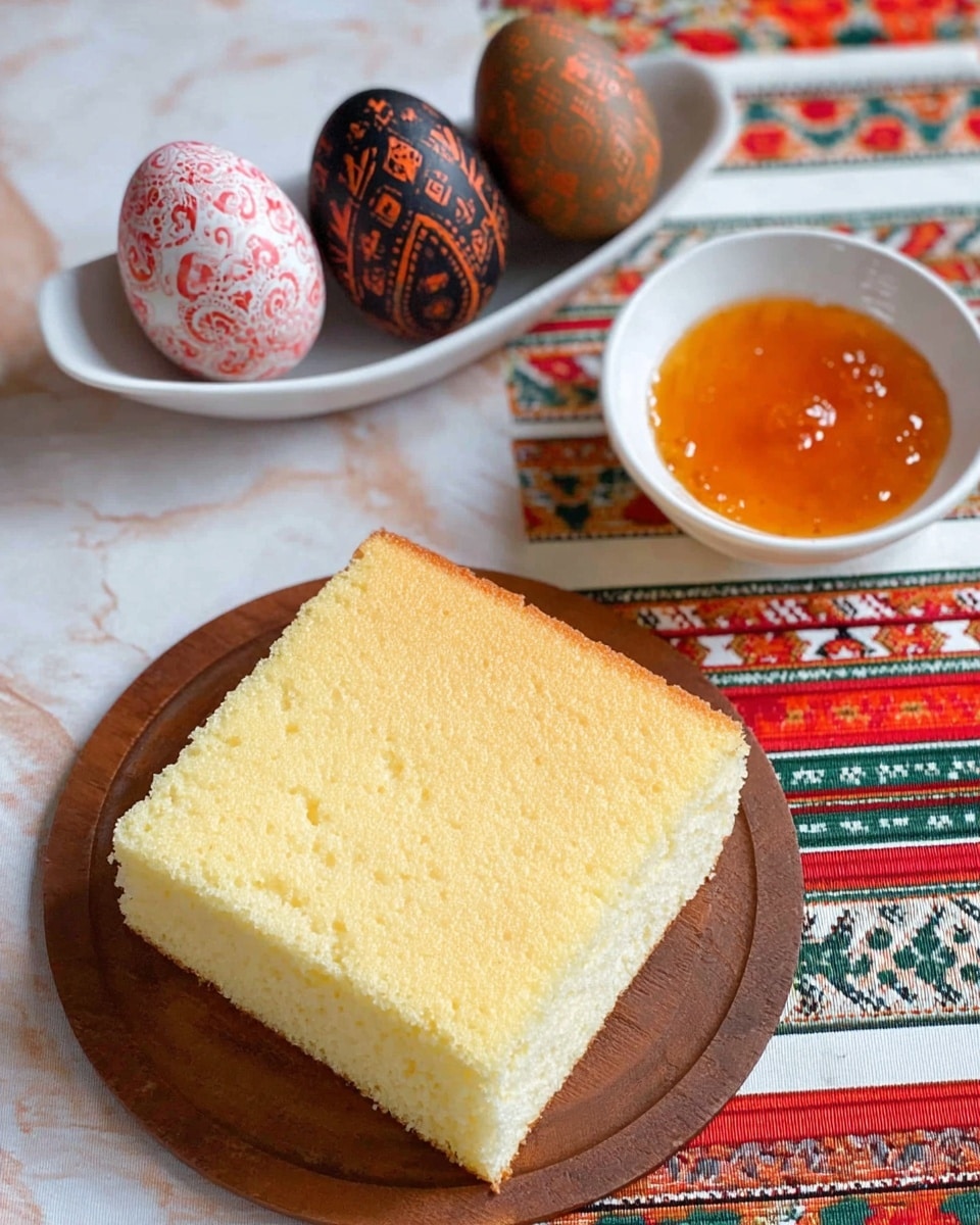 A square piece of light yellow cake with a soft, smooth texture sits on a round wooden board placed on a white marbled surface. To the right, there is a white small bowl filled with orange jam or sauce that looks shiny and smooth. Above the bowl, a white elongated dish holds three decorated eggs with colorful patterns in shades of brown, red, black, and pink. The scene is set on a vibrant cloth with red, orange, green, and white geometric shapes creating a bright contrast. photo taken with an iphone --ar 4:5 --v 7
