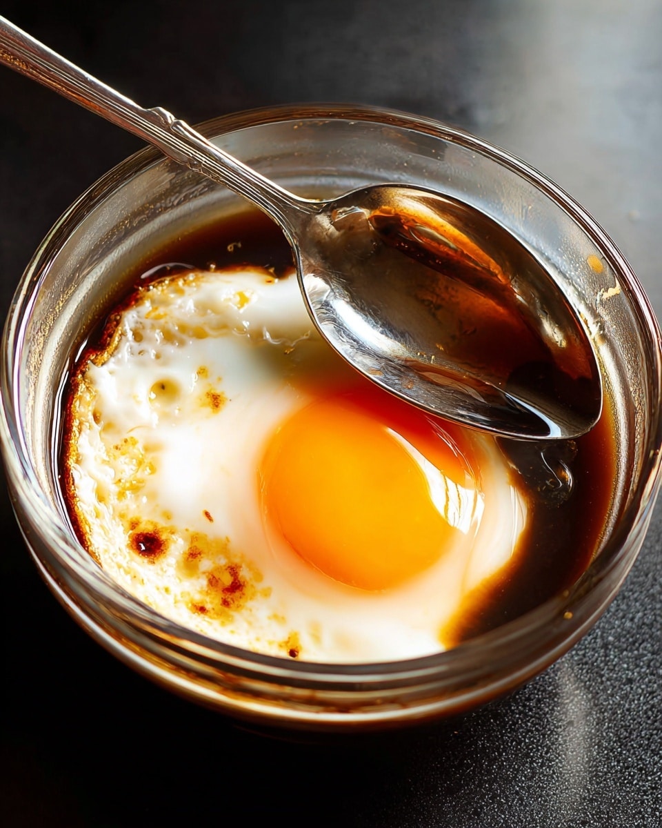 The image shows a clear glass bowl filled with dark brown coffee, with a bright, sunny-side-up fried egg floating on top. The egg has a smooth white layer with a shiny, orange yolk at its center, slightly surrounded by some light brown cooked edges. There is a shiny silver spoon dipping into the coffee on the right side of the bowl, reflecting the warm colors from the coffee. The bowl is placed on a black surface that contrasts with the clear glass and the dark coffee inside. photo taken with an iphone --ar 4:5 --v 7