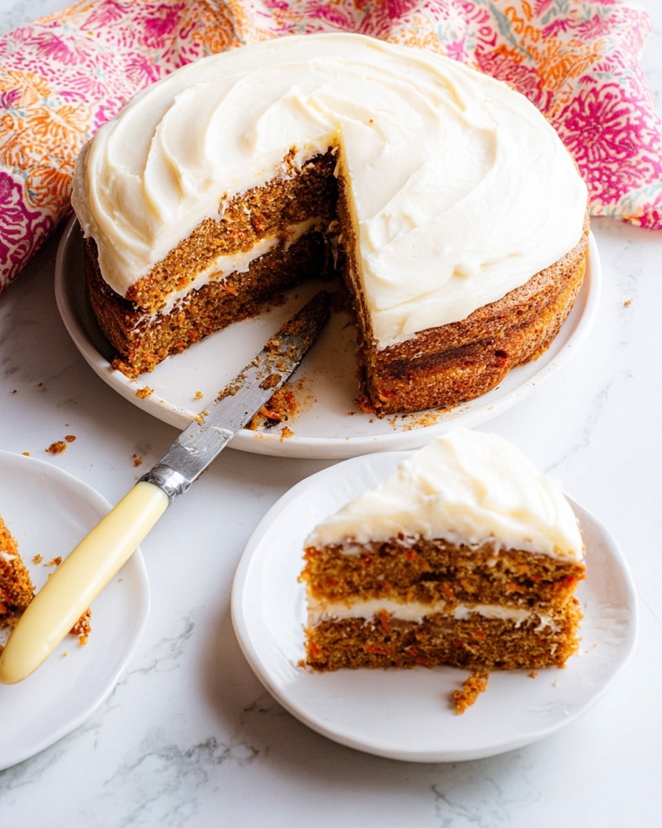 A slice of carrot cake with two visible brown, moist layers filled and covered with white creamy frosting, sits on a white plate decorated with a delicate silver and light blue floral design. The frosting is thick and smooth, evenly spread on the sides and between the cake layers. A silver fork with a bite of the cake pressed against the side sits on the plate, which rests on a white marbled surface. There are small crumbs around the plate, and part of a floral napkin appears in the top left corner. Photo taken with an iphone --ar 4:5 --v 7