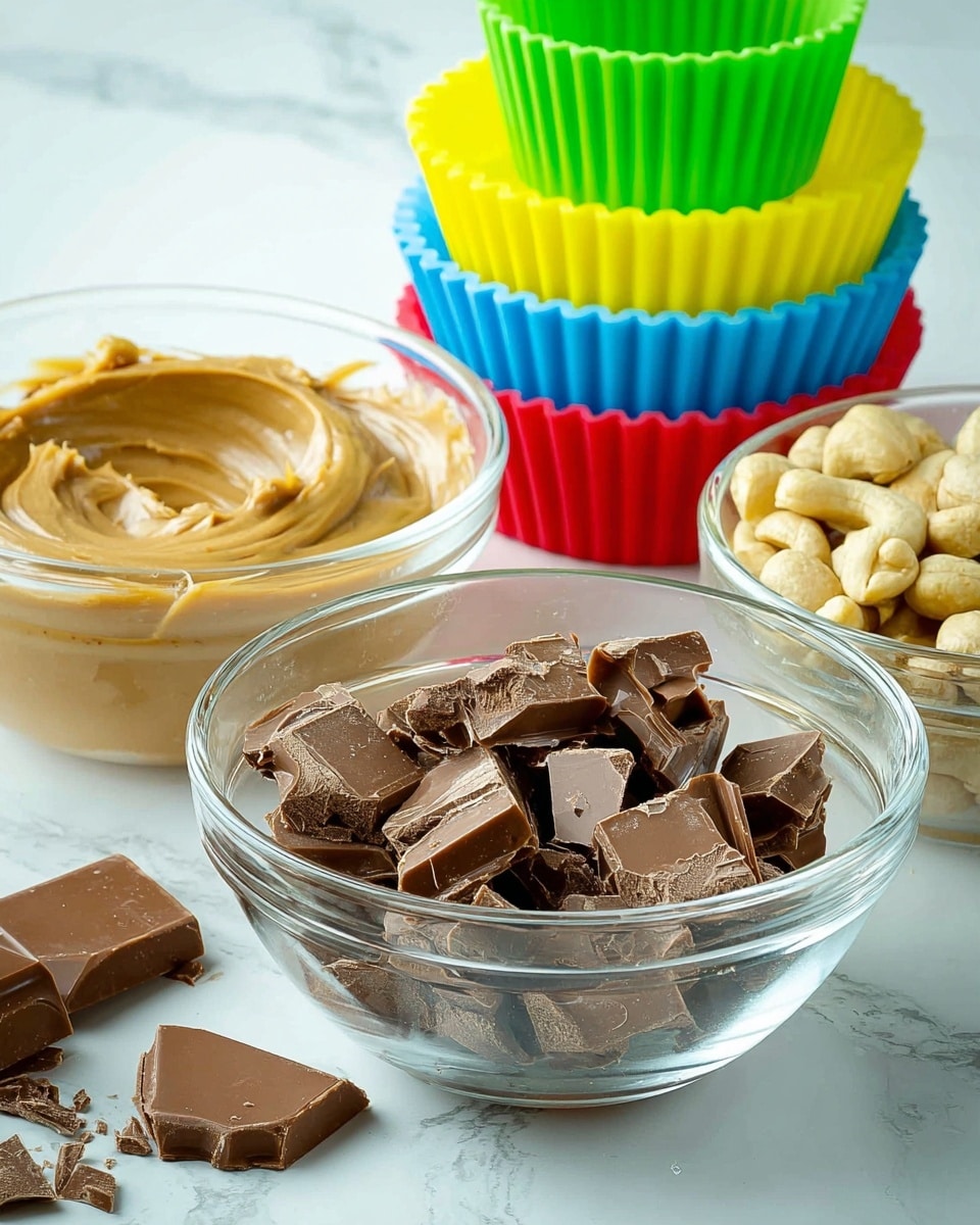The image shows three clear glass bowls placed on a white marbled surface. The front bowl is filled with broken pieces of milk chocolate, showing a rich brown color and rough edges. To the left, a smaller bowl holds a smooth, creamy peanut butter with a light tan color and swirled texture. Behind the chocolate bowl, another bowl contains light beige cashew nuts. Surrounding the bowls are colorful silicone cupcake liners in yellow, red, blue, and green stacked casually. A few pieces of chocolate are scattered on the surface near the bowls. Photo taken with an iphone --ar 4:5 --v 7