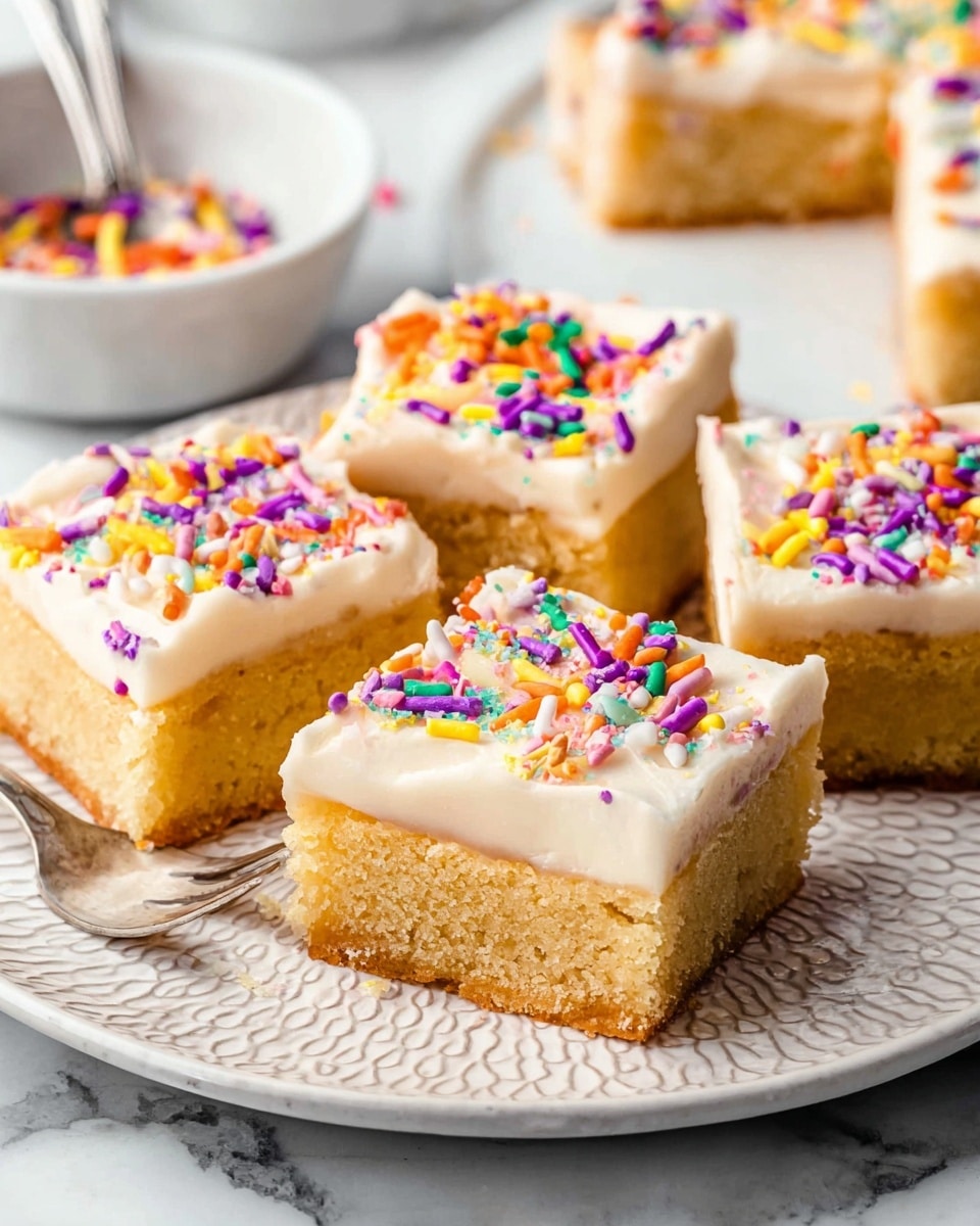 The image shows five square cake pieces on a white plate with a textured edge on a white marbled surface. Each piece has two layers: a dense, golden brown bottom layer with a soft texture and a thick, creamy white frosting on top. The frosting is decorated with small, colorful sprinkles in bright colors like purple, yellow, orange, green, and pink. In the background, there is a small white bowl filled with more sprinkles. A silver fork with a white handle is placed next to the cake pieces. The photo taken with an iphone --ar 4:5 --v 7