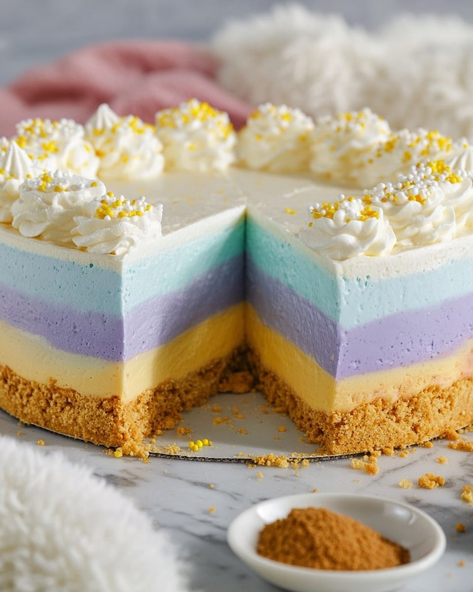 The image shows a multi-layered round cake with a thick crumb crust as the bottom layer, golden brown in color and textured with crushed biscuits. Above the crust, there are three creamy layers stacked neatly: the bottom creamy layer is pale yellow, the middle creamy layer is light blue, and the top creamy layer is soft lavender. The cake is topped with a smooth white cream layer decorated with small dollops of white cream sprinkled with golden yellow specks. The cake is on a white marbled surface with some fluffy white fabric nearby and a small white bowl with a brown powder visible on the right side. A slice is removed to show the colorful layers inside the cake. Photo taken with an iphone --ar 4:5 --v 7