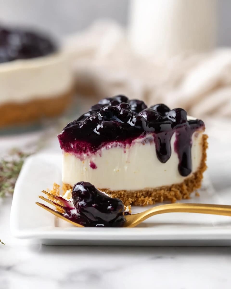 A slice of cheesecake with three layers: a crumbly golden brown base at the bottom, a thick smooth white cream cheese middle, and a glossy dark purple blueberry topping with whole blueberries visible. The slice is placed on a white square plate set on a white marbled surface. In the foreground, a golden fork holds a small piece of cheesecake with blueberry topping. The background is soft and blurred with neutral soft colors. photo taken with an iphone --ar 4:5 --v 7