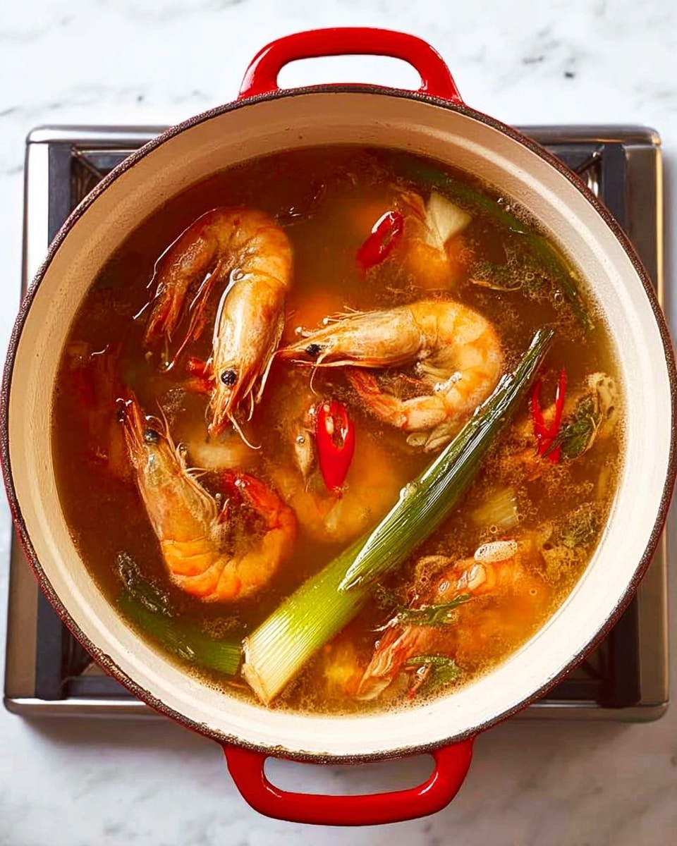 A white pot with red handles is shown from above, filled with a clear broth. Inside, there are several orange shrimp with shells and heads visible, floating along with two green lemongrass stalks and bright red chili peppers. The broth is light brown and slightly oily, with some green leaves and small bits floating around. The pot sits on a white marble surface with a silver stove beneath. photo taken with an iphone --ar 4:5 --v 7
