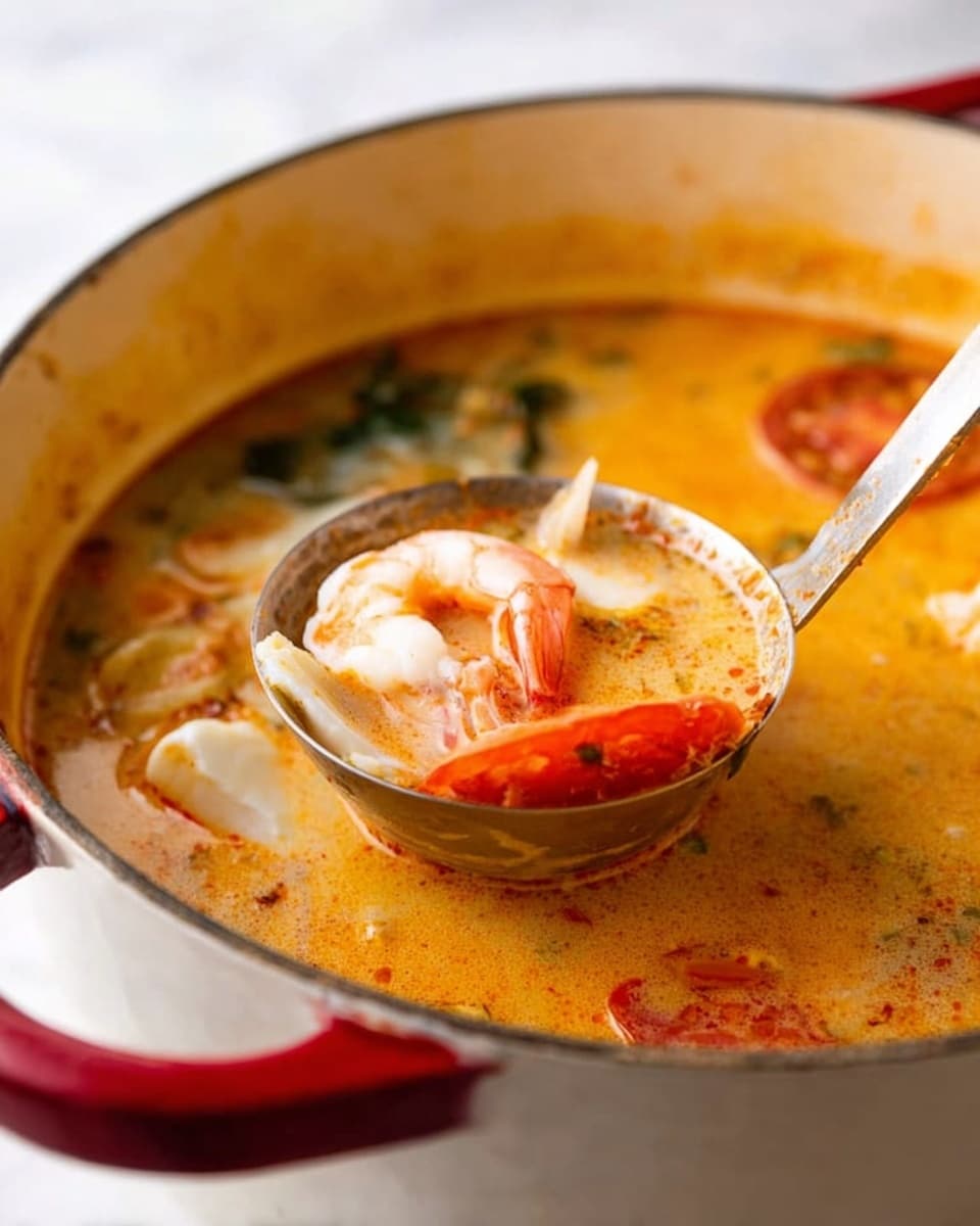 The image shows a close-up of a large white pot with a red handle on a white marbled surface, filled with a creamy orange soup. A metal ladle holds a portion of the soup above the pot, revealing layers inside: a pink shrimp with its tail visible, white pieces of seafood or vegetables, and a slice of orange tomato. The soup looks smooth with a slightly thick texture and bits of spices floating. The background is softly blurred, keeping focus on the colorful soup and ladle. Photo taken with an iphone --ar 4:5 --v 7