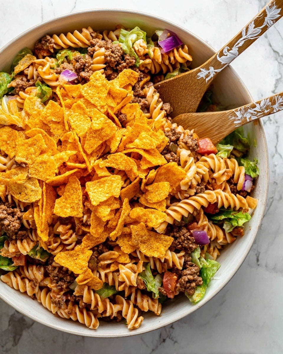 The image shows a white bowl filled with a layered pasta salad. The bottom layer is made of spiral-shaped pasta with a pale orange color, mixed with browned ground meat and pieces of green lettuce. There are small bits of purple onion and red tomato scattered throughout the pasta layer. On top, a generous amount of broken, bright orange crunchy chips is spread evenly, adding texture and color contrast. Two wooden serving spoons with white painted designs rest in the bowl, partly under the chips, on a white marbled surface. photo taken with an iphone --ar 4:5 --v 7