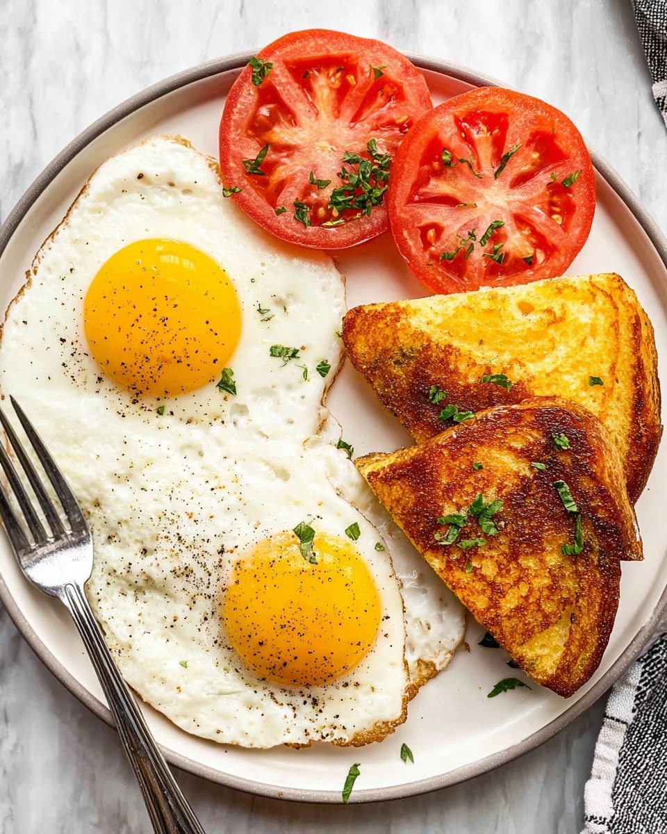 The image shows a white round plate on a white marbled surface, holding two fried eggs with bright yellow yolks on the left side, seasoned lightly with black pepper. Next to the eggs are two thick tomato slices topped with a sprinkle of green herbs, placed near the center top of the plate. On the right side are two golden-brown fried bread triangles, garnished with small green herb pieces, showing a crispy texture. A fork is positioned at the edge of the plate pointing towards the eggs. Photo taken with an iphone --ar 4:5 --v 7