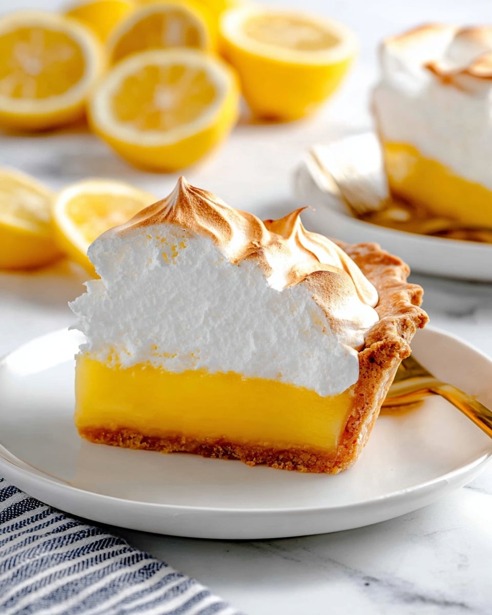 A slice of lemon meringue pie with three clear layers is shown on a white plate: the bottom layer is a golden brown, slightly crumbly crust; the middle layer is a smooth, bright yellow lemon filling; the top layer is fluffy white meringue with light brown toasted peaks and swirls, rising higher than the lemon layer. In the background, there are several lemon halves scattered on a white marbled surface, and part of another slice of pie is visible on a white plate. The scene is bright and clean, with a striped cloth and a gold fork placed near the plate. Photo taken with an iphone --ar 4:5 --v 7