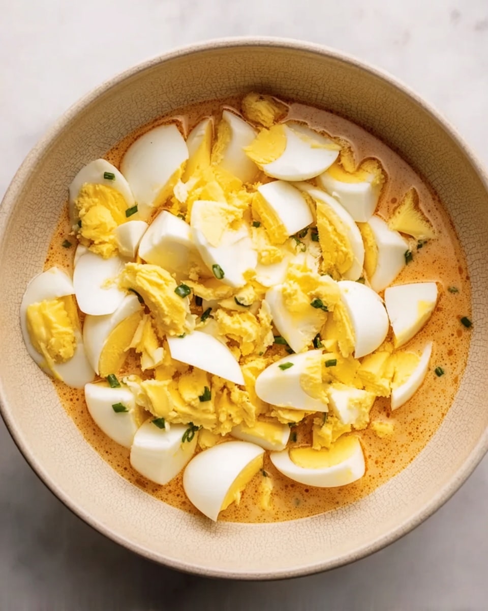 A close-up view of a beige bowl filled with a mix of chopped hard-boiled eggs. The eggs are broken into uneven pieces showing bright yellow yolks and smooth white egg whites scattered over a creamy, light orange sauce with small green herb bits mixed in. The bowl sits on a white marbled surface. photo taken with an iphone --ar 4:5 --v 7