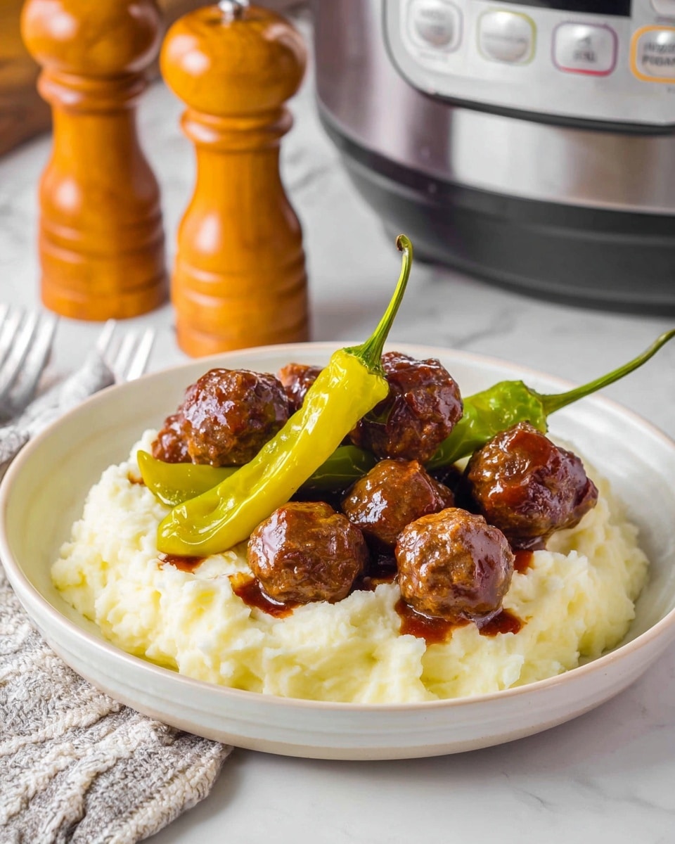 The dish shows a white plate topped with a base layer of creamy mashed potatoes in an uneven, soft texture. On top of the mashed potatoes, there are several shiny brown meatballs covered in a rich, glossy sauce, arranged in a small cluster in the center of the plate. Bright yellow-green peppers with stems intact are placed among the meatballs, adding contrast in color and shape. The plate sits on a white marbled surface, with a pair of wooden salt and pepper shakers and a slow cooker visible slightly out of focus in the background. photo taken with an iphone --ar 4:5 --v 7