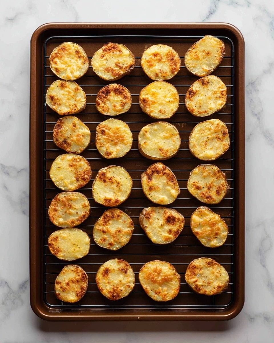 The image shows a dark brown baking tray with a black wire rack inside, holding 25 round and oval baked potato slices arranged in a grid with five rows and five columns. Each slice is light golden brown with a slightly crispy texture and some darker brown spots. The background is a white marbled texture. photo taken with an iphone --ar 4:5 --v 7