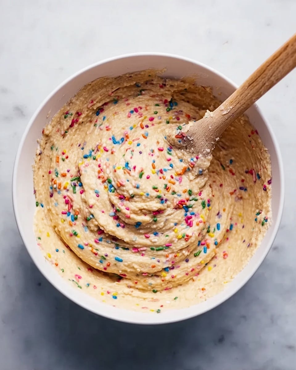 A white bowl holds a creamy beige mixture with colorful rainbow sprinkles scattered throughout, giving a vibrant and festive look. The mixture is swirled around in the bowl, showing a smooth but slightly textured surface. A wooden spoon is placed inside, partly covered with the mixture, showing some of the food sticking to it. The bowl is set on a white marbled surface that gives a clean and bright background. photo taken with an iphone --ar 4:5 --v 7