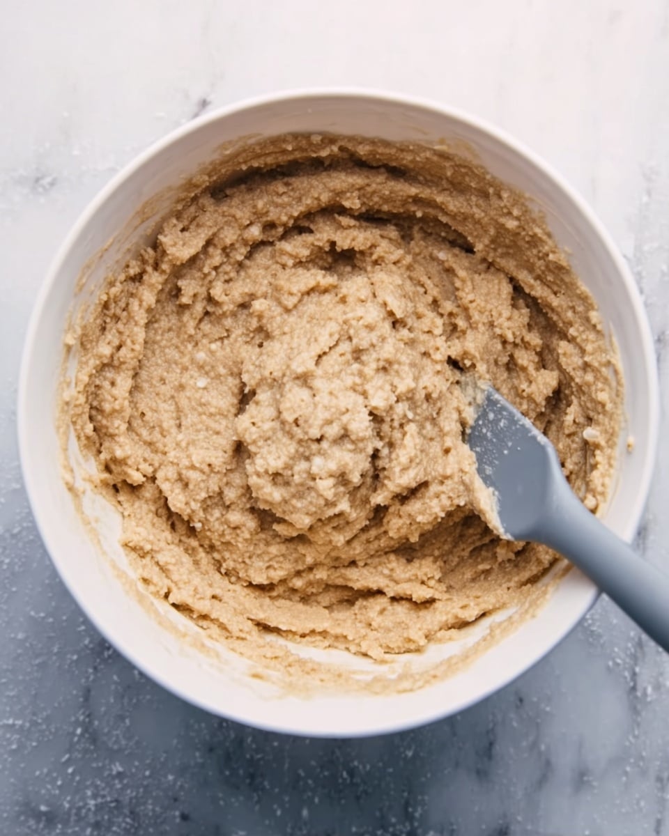The image shows a white bowl filled with a thick, light brown mixture that has a rough, grainy texture. The mixture looks dense and creamy with small bits visible throughout. On the right side of the bowl, there is a grey spatula partially covered in the same mixture, resting inside the bowl. The bowl is placed on a white marbled surface, giving a clean and bright background. Photo taken with an iphone --ar 4:5 --v 7