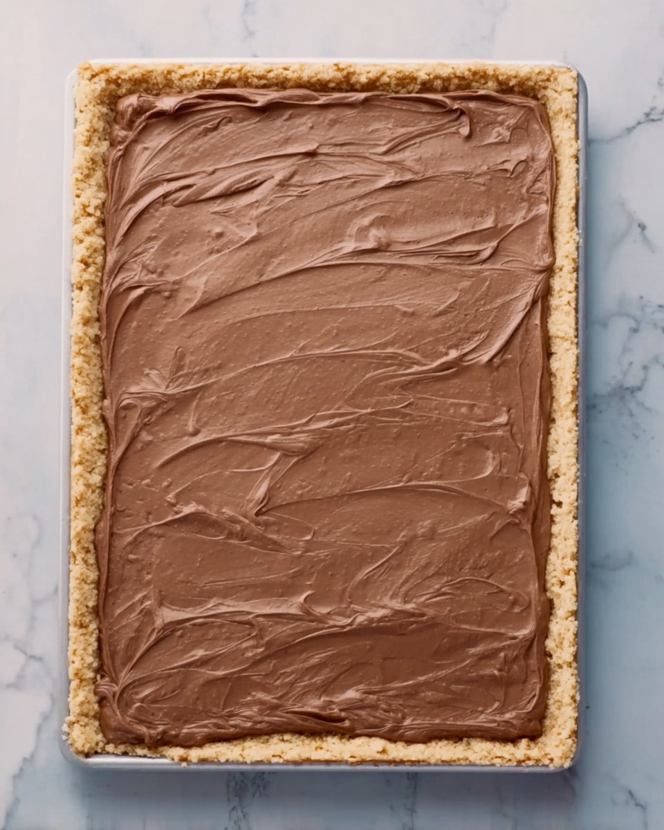 A rectangular dessert with two clear layers is shown from above on a white marbled surface. The bottom layer is a crust with a rough texture and a light golden brown color, framing the dessert. The top layer is a smooth chocolate spread in soft brown color, evenly covering the whole crust with subtle swirls and streaks on the surface. The edges of the crust are visible all around the chocolate layer. Photo taken with an iphone --ar 4:5 --v 7