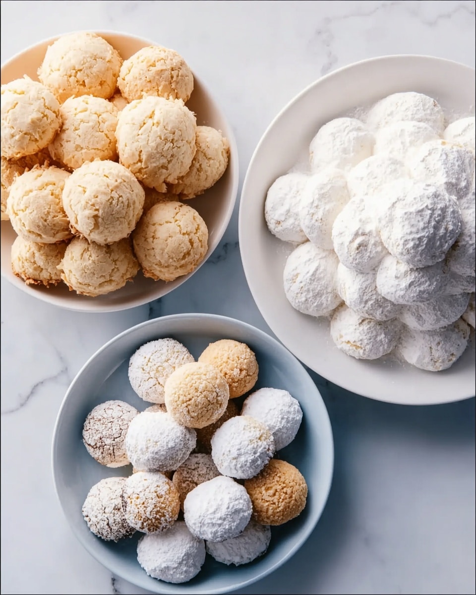 The image shows three white bowls on a white marbled surface, each filled with different types of round cookies. The top left bowl contains light brown, rough-textured coconut cookies arranged in a single layer. The top right bowl holds white, powdery cookies stacked in several layers, giving them a soft, fluffy look. The bottom left bowl has a mix of small, round cookies with different colors and textures: some are light brown with white powder, some are darker brown, and some are plain white powder, all arranged close together. The overall setting is bright with clear focus on the cookies, photo taken with an iphone --ar 4:5 --v 7