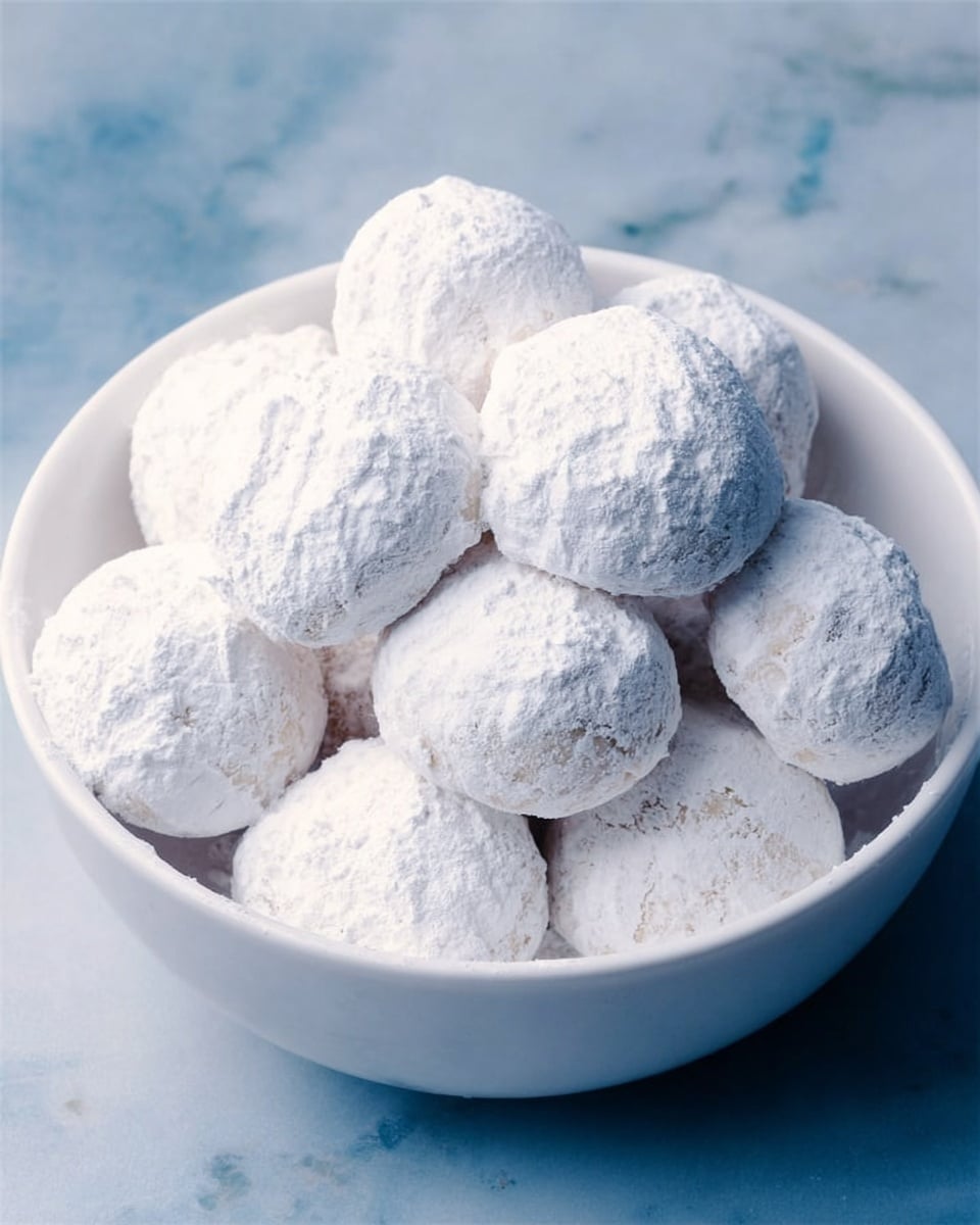 A white bowl filled with about twelve round cookies covered fully in white powdered sugar. The cookies have a rough, bumpy texture showing through the layer of sugar. The bowl is set on a white marbled surface with a soft blue background. The lighting is bright, making the powdered sugar look soft and fluffy. photo taken with an iphone --ar 4:5 --v 7