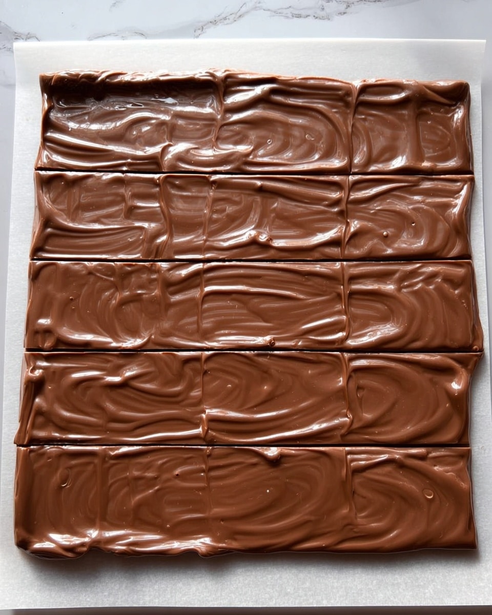 A rectangular sheet of thin chocolate-covered wafer bars is laid out on a white marbled surface. The wafer bars create a grid of twelve long, thin sections, each covered evenly with a smooth layer of glossy milk chocolate that reflects light and shows gentle swirls and ridges in the texture. The chocolate coating is slightly thick, with some areas showing small bubbles beneath the surface and soft ripples that add depth to the shine. The whole piece is flat and spread across the surface with the edges slightly uneven where the chocolate extends just beyond the wafer edges. photo taken with an iphone --ar 4:5 --v 7