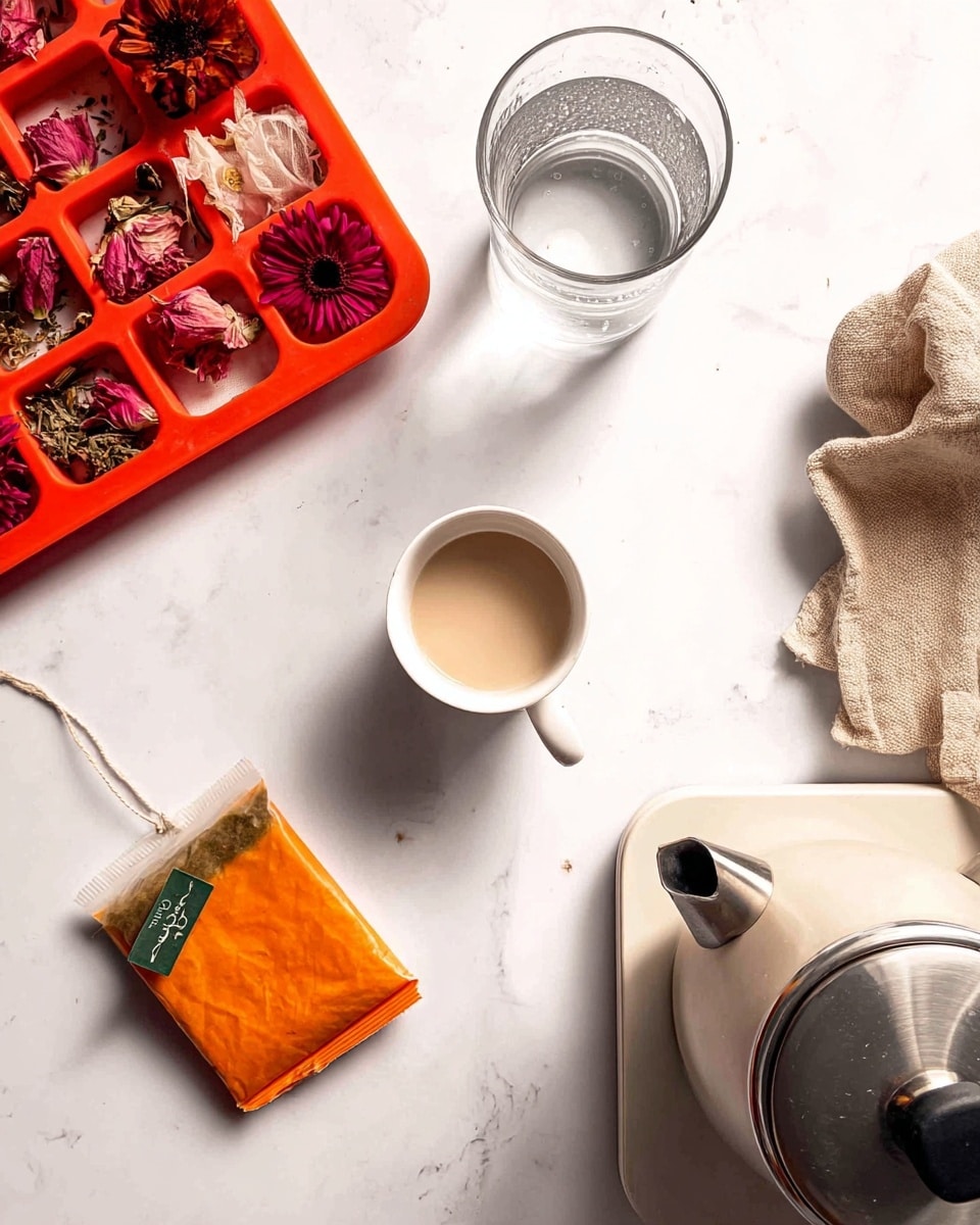 The image shows a clear glass of water near the top center on a white marbled surface. To the left is a red silicone mold with six square sections, each holding a dried flower with pink and red tones. Below the glass is an orange tea bag wrapper with a tea bag on top, featuring a green tag. In the bottom center is a small white creamer cup filled with light beige cream, sitting next to a beige cloth napkin bunched up softly. The bottom right corner shows the handle and lid of a stainless steel kettle on a white base. photo taken with an iphone --ar 4:5 --v 7