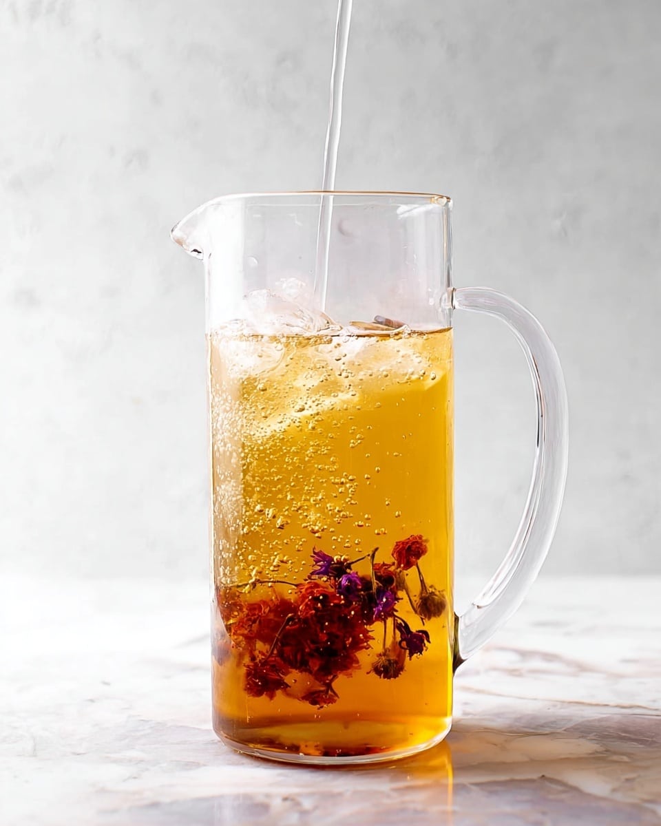 A tall clear glass pitcher filled about halfway with a light amber liquid has visible bubbles rising through it. Inside the liquid near the bottom, there are dried flowers in reddish and purple hues, creating a natural decoration. A thin stream of liquid is pouring into the pitcher from above. The pitcher stands on a white marbled surface with a soft, blurred white background. photo taken with an iphone --ar 4:5 --v 7