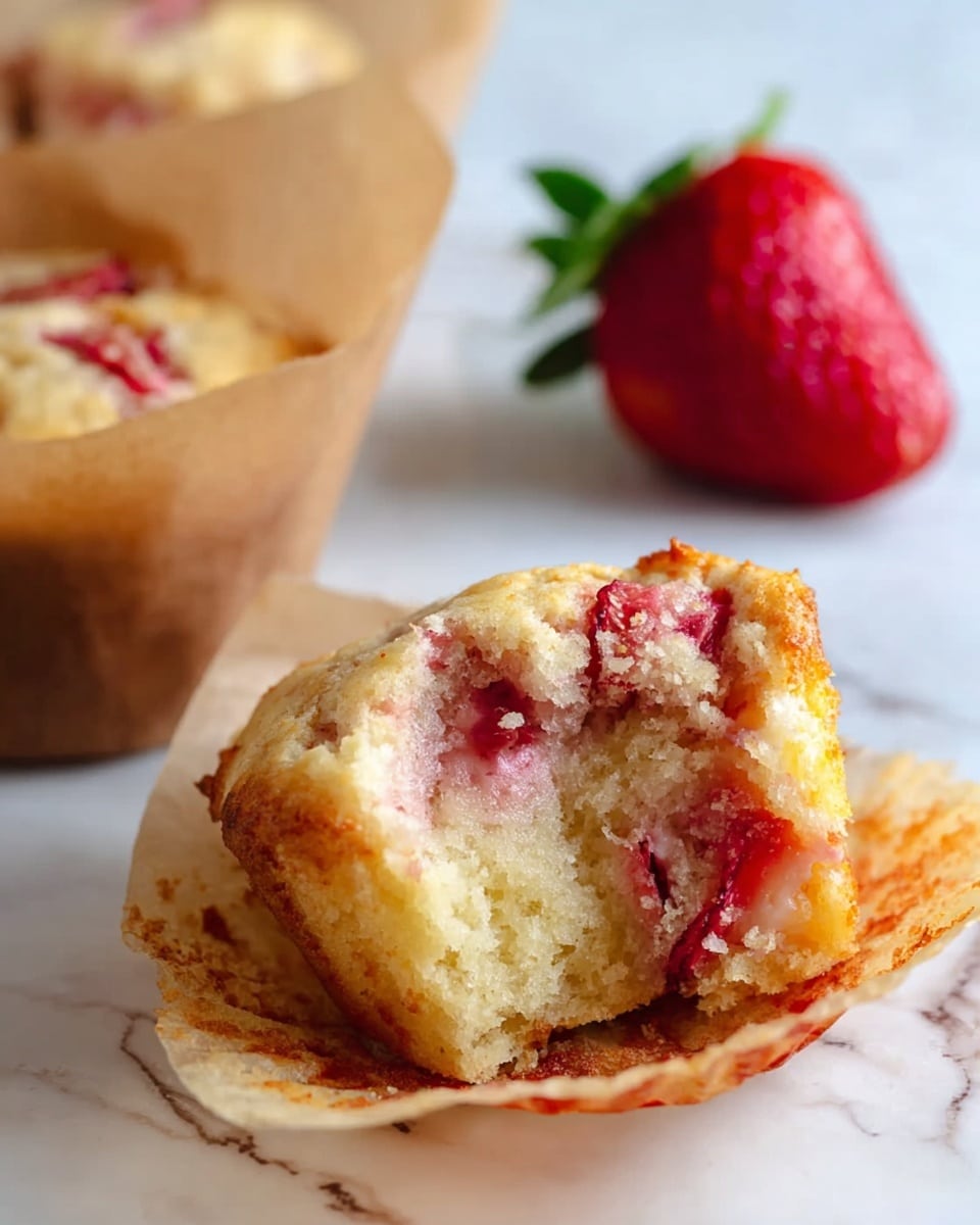 A close-up view of two muffins on a white marbled surface with parchment paper around them; the muffin in the front is partially eaten, showing a soft, light yellow interior mixed with pieces of red strawberry that create spots of pink and red inside and on the edges, while the muffin at the back is whole and wrapped in light brown parchment. A fresh, ripe red strawberry with green leaves sits blurred in the background. The texture of the muffin top is slightly rough and browned, with visible small red specks from the strawberries. Photo taken with an iphone --ar 4:5 --v 7