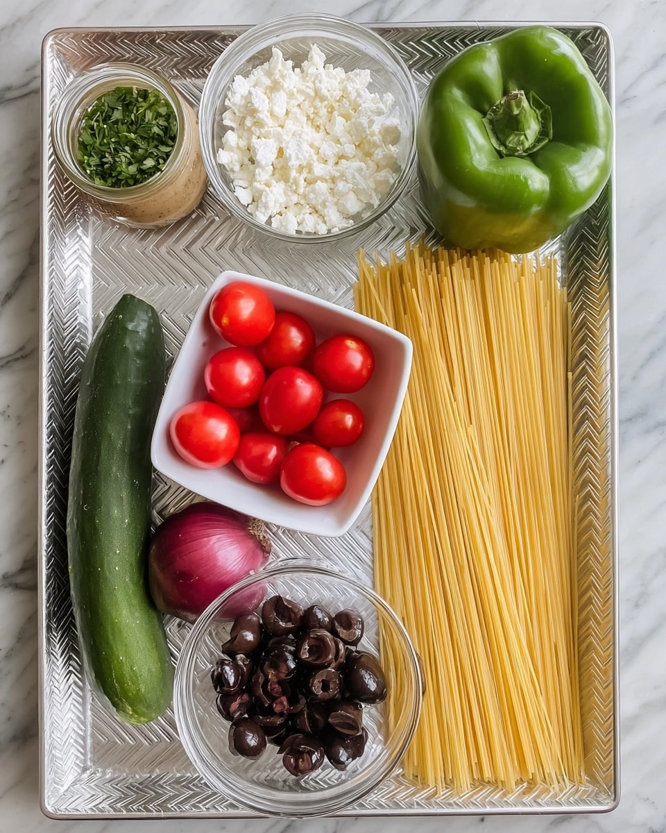 A silver tray with a zigzag pattern holds several ingredients neatly arranged: on the top right is a whole green bell pepper, below it a long bunch of uncooked yellow spaghetti lies flat; near the center right is a square white bowl filled with small bright red grape tomatoes; below that, a clear glass bowl of white crumbled cheese sits next to a smaller clear bowl of black sliced olives; on the left side, a long, dark green cucumber lies next to a small, round red onion; above the cucumber is a small white bowl filled with green chopped herbs; and on the top left corner a jar with light brown dressing rests. The background features a white marbled texture photo taken with an iphone --ar 4:5 --v 7