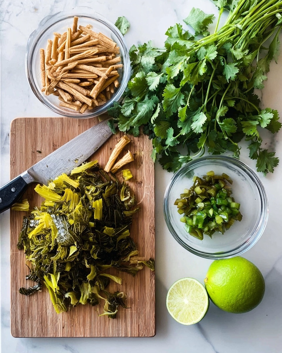 The image shows a wooden board placed on a white marbled surface. On the board, there is a pile of dark green and yellowish leafy vegetables, partially chopped with a silver knife lying next to it, which has some vegetable pieces on the blade. Above the board, a bunch of fresh green cilantro leaves are placed with long stems. To the right, a whole bright green lime sits on the white marbled surface. Near the lime, there are two transparent glass bowls: one filled with thin, light brown crispy sticks and the other containing chopped pickled green vegetables. Photo taken with an iphone --ar 4:5 --v 7