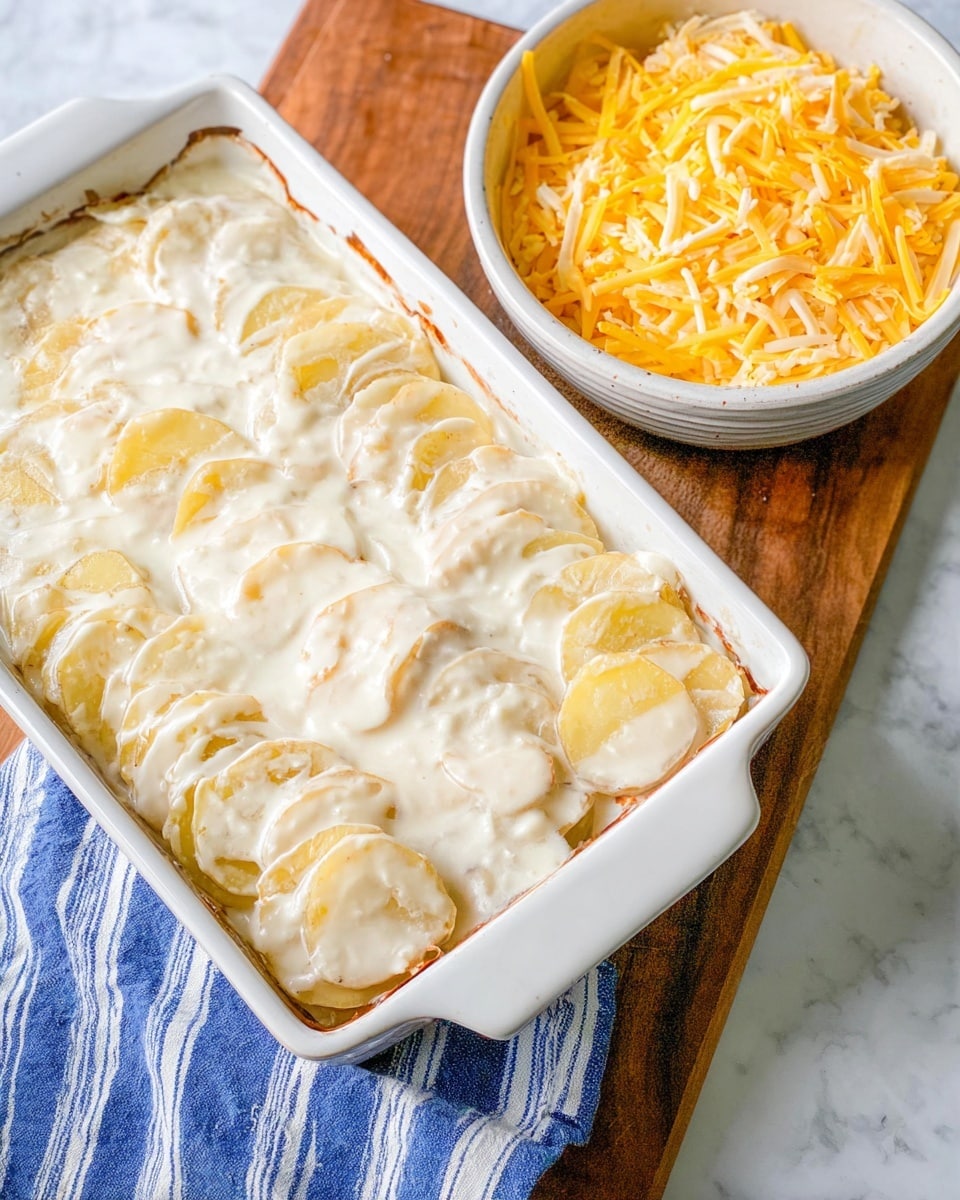 The image shows a white baking dish filled with a layered potato dish covered in a creamy white sauce. The dish has visible overlapping slices of potatoes which are arranged in rows and fully coated with the sauce on top. Next to the baking dish, there is a white bowl filled with a mix of shredded yellow and white cheese. Both the baking dish and bowl are placed on a wooden board, which rests on a white marbled surface. A blue and white striped cloth is partially visible under the board. Photo taken with an iphone --ar 4:5 --v 7