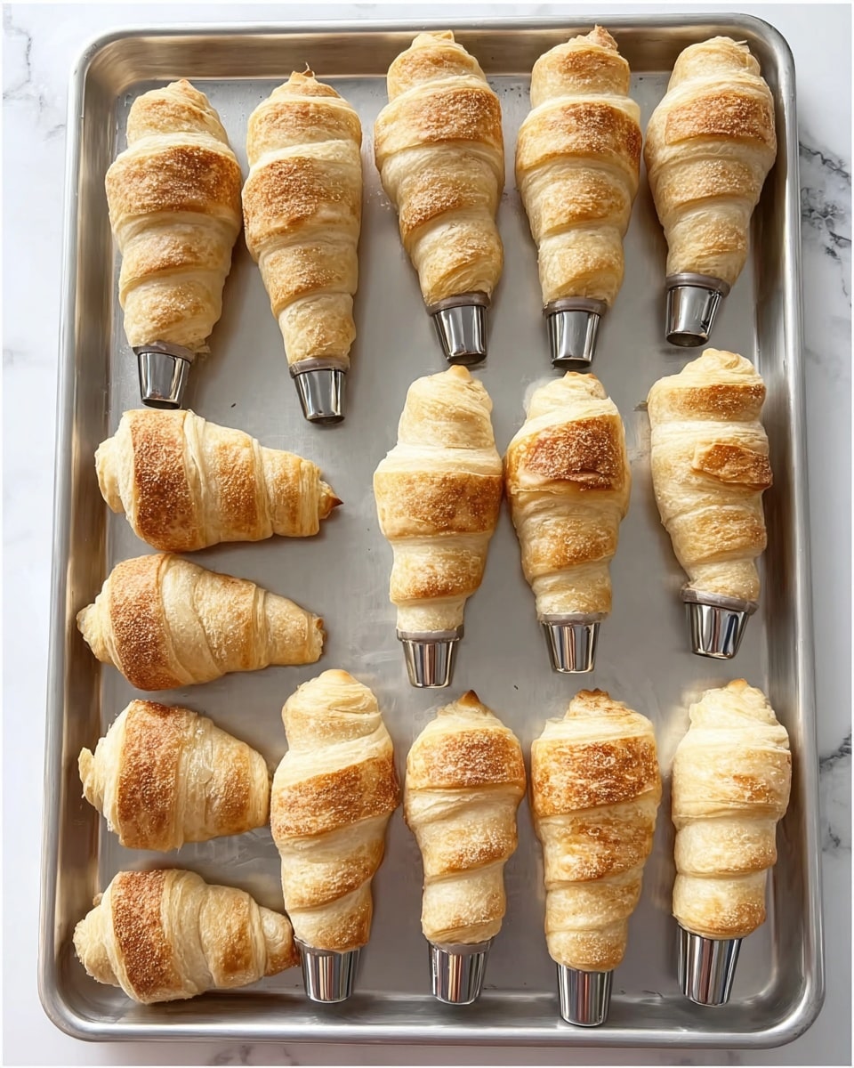 The image shows a baking tray with twelve puff pastry cones wrapped around metal molds. There are two rows; the left row has four smaller cones with a golden-brown baked crust, while the right row has eight larger cones with a lighter, slightly baked look. Each cone is spiraled with flaky layers and has open metal ends visible. The tray is on a white marbled surface. Photo taken with an iphone --ar 4:5 --v 7