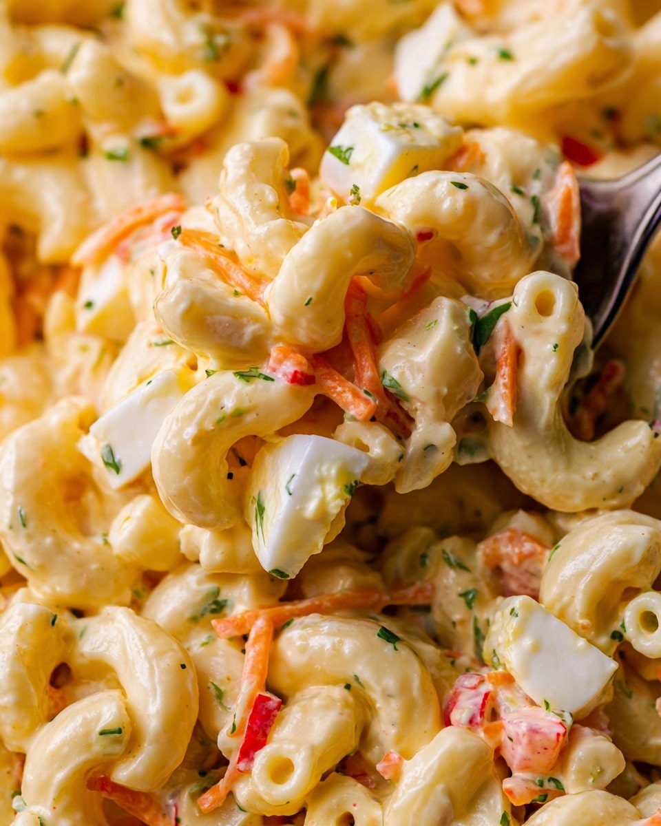 The image shows a close-up of creamy macaroni salad with three clear layers: the first layer is curved pale yellow macaroni noodles, soft and coated with a thick white-yellow creamy dressing; the second layer is small pieces of mixed colorful vegetables like orange shredded carrot, red bell pepper bits, and green herbs scattered evenly; the third layer includes chopped white pieces of hard-boiled egg mixed smoothly throughout. The salad texture looks soft and rich, with a fork piercing a small scoop from the bottom left corner. Photo taken with an iphone --ar 4:5 --v 7