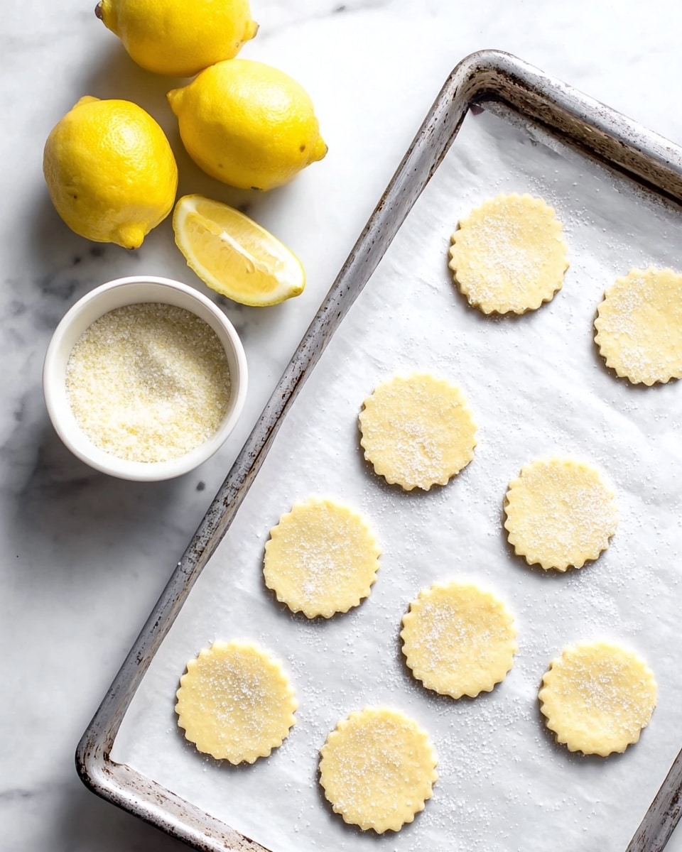 The image shows eight raw round cookies with scalloped edges placed on white parchment paper inside a metal baking tray. Each cookie is lightly sprinkled with granulated sugar or a similar fine topping. To the left, there is a small white bowl filled with the same topping. Above the bowl, several whole yellow lemons and one lemon half are arranged on a white marbled surface. The scene has a bright, clean look with soft natural light. photo taken with an iphone --ar 4:5 --v 7