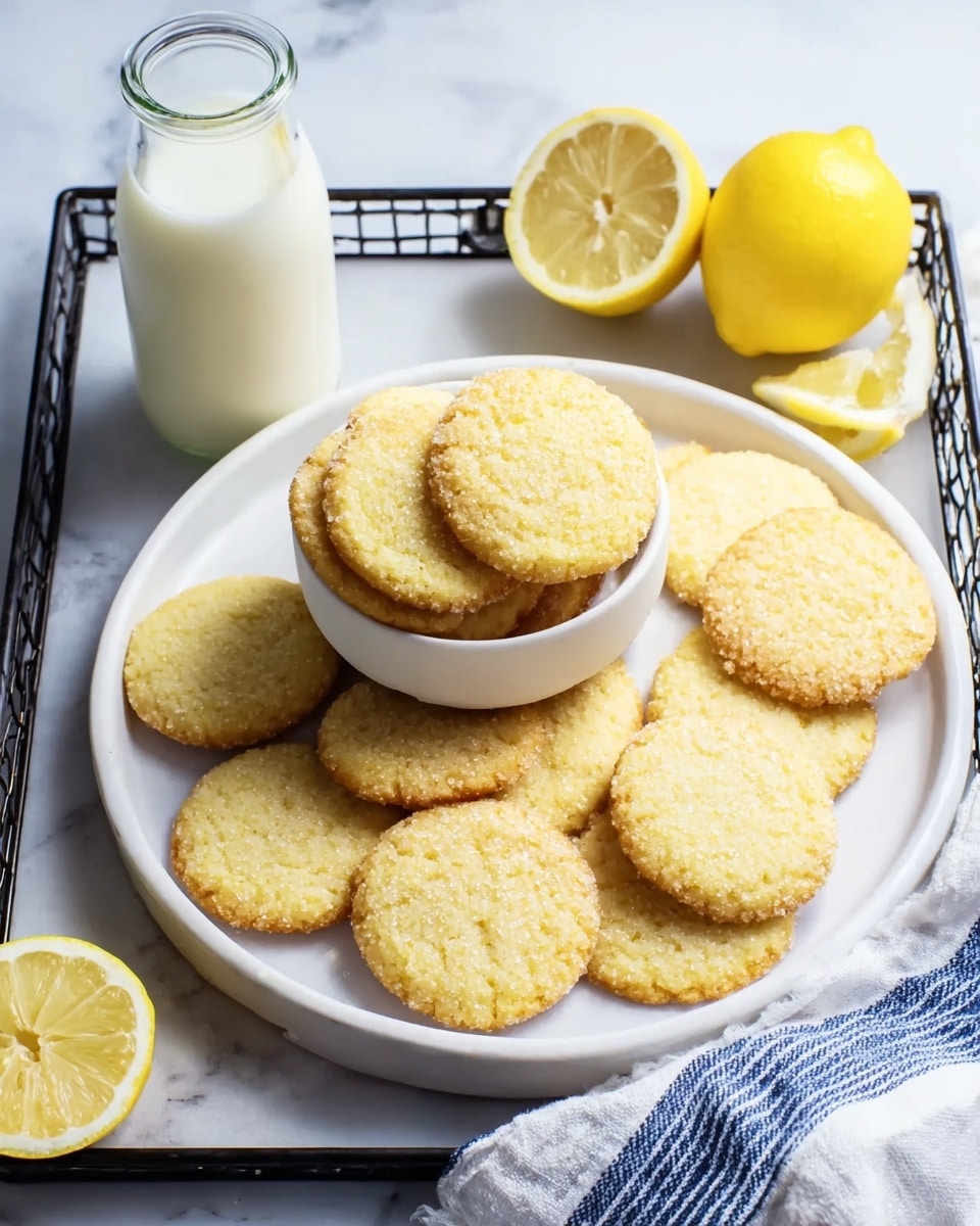 A white round plate holds a smaller white bowl piled with 12 golden-yellow cookies with a grainy sugar texture on top, arranged neatly. Around the bowl are more cookies scattered on the plate, all lightly browned at the edges. To the left is a clear glass bottle filled with milk, and on the upper right side of the plate are two whole bright yellow lemons and one lemon half showing its juicy segments. The plate rests on a black wire tray with a white towel with blue stripes nearby, all placed on a white marbled surface. Photo taken with an iphone --ar 4:5 --v 7