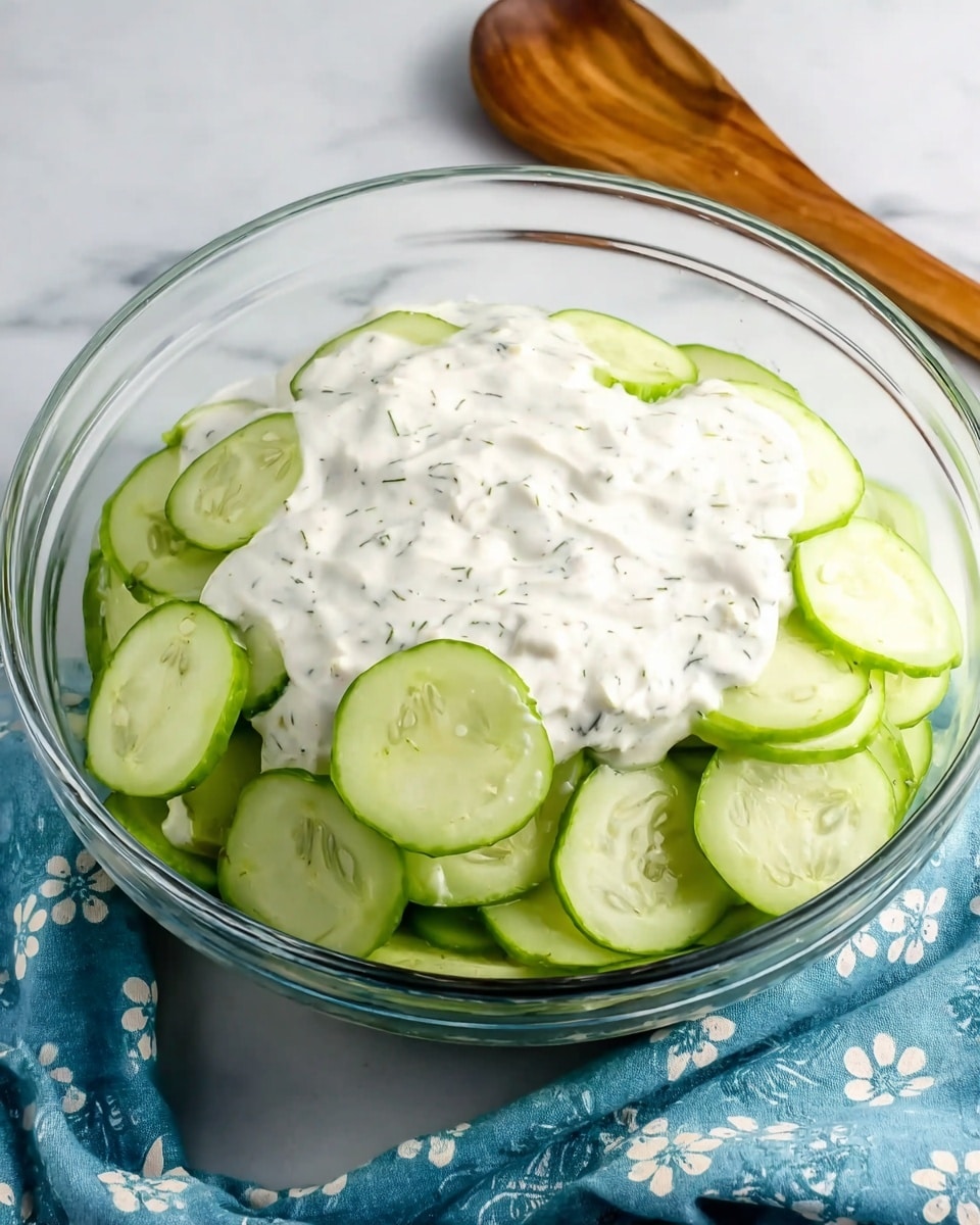 A clear glass bowl contains two layers: the bottom layer has many thin, pale green cucumber slices showing seeds in the center, neatly arranged and slightly overlapping; on top is a thick, white creamy sauce with small dark green herb bits mixed inside, spread unevenly over the cucumbers. The bowl rests on a white marbled surface next to a wooden spoon and a blue cloth with small white flower prints. photo taken with an iphone --ar 4:5 --v 7