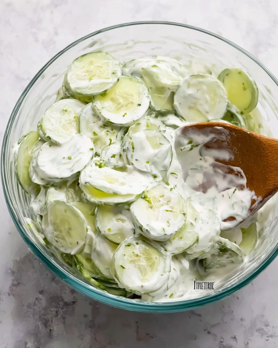 A clear glass bowl filled with thin, round slices of pale green cucumber mixed in a thick white creamy dressing with small green herb flecks. A wooden spoon covered in some of the creamy mixture is placed inside the bowl on the right side. The bowl is resting on a surface covered with a white marbled texture. The cucumber slices look fresh and slightly translucent, layered evenly in the bowl. Photo taken with an iphone --ar 4:5 --v 7