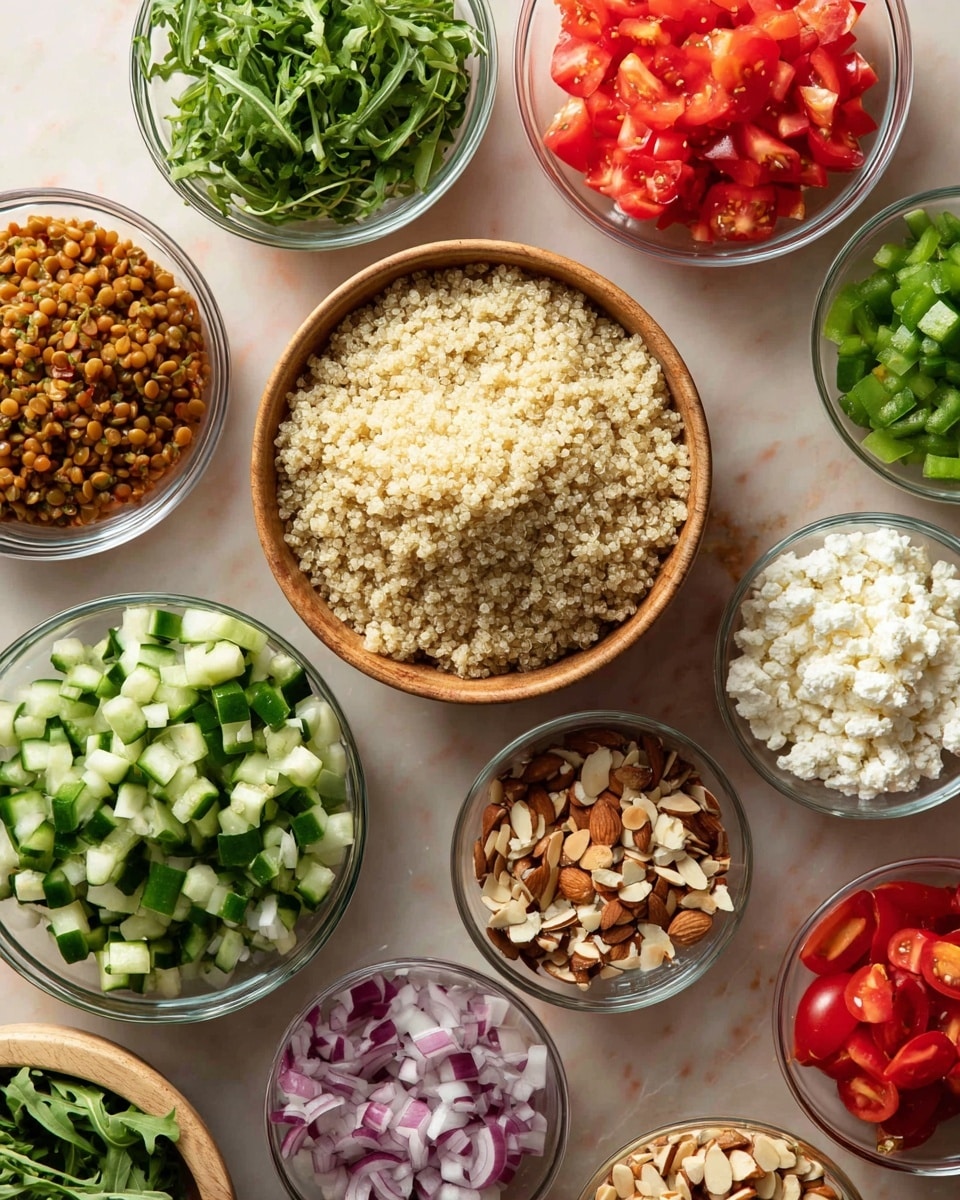 A top view of many small bowls placed on a white marbled surface, each filled with different fresh ingredients for a salad. In the middle is a large bowl of light beige cooked quinoa with a soft grain texture. Around it are smaller bowls with various chopped vegetables and nuts: bright red diced tomatoes, vibrant green chopped bell peppers, dark green leafy arugula, finely diced red onions, medium green diced cucumber with white flesh, shiny red halved cherry tomatoes, golden brown cooked lentils, chopped almonds, and a bowl of crumbly white cheese. The bowls are clear glass or light brown wood, all on a white marbled surface. photo taken with an iphone --ar 4:5 --v 7