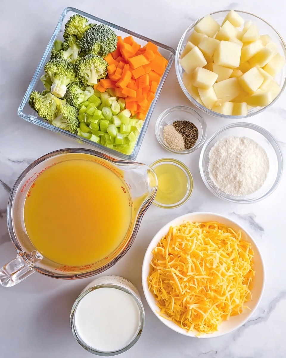 The image shows an assortment of fresh ingredients arranged carefully on a white marbled surface. There is a square glass dish in the top left with four sections displaying chopped broccoli, shredded orange carrots, chopped celery, and chopped white onions. To the right, a round glass bowl holds light beige cubed potatoes. Below, a large glass measuring cup contains a golden yellow broth. In front of the broth, a white bowl is filled with bright shredded yellow cheddar cheese. Near the bottom left, a smaller glass measuring cup has a white liquid, likely milk. Next to it, a small white bowl contains minced garlic in a yellowish liquid. Another small bowl holds a mix of salt and black pepper, while a final small white bowl has a white powder, probably flour. All items are well-lit with sharp colors and clear textures. Photo taken with an iphone --ar 4:5 --v 7